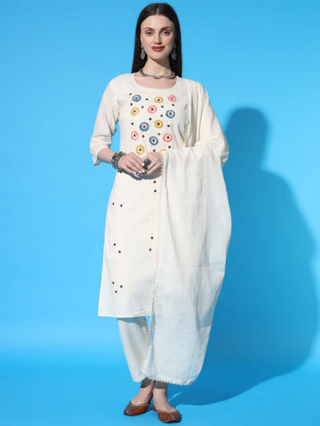 Off White Embroidered Floral Kurti With Pants Set For Women