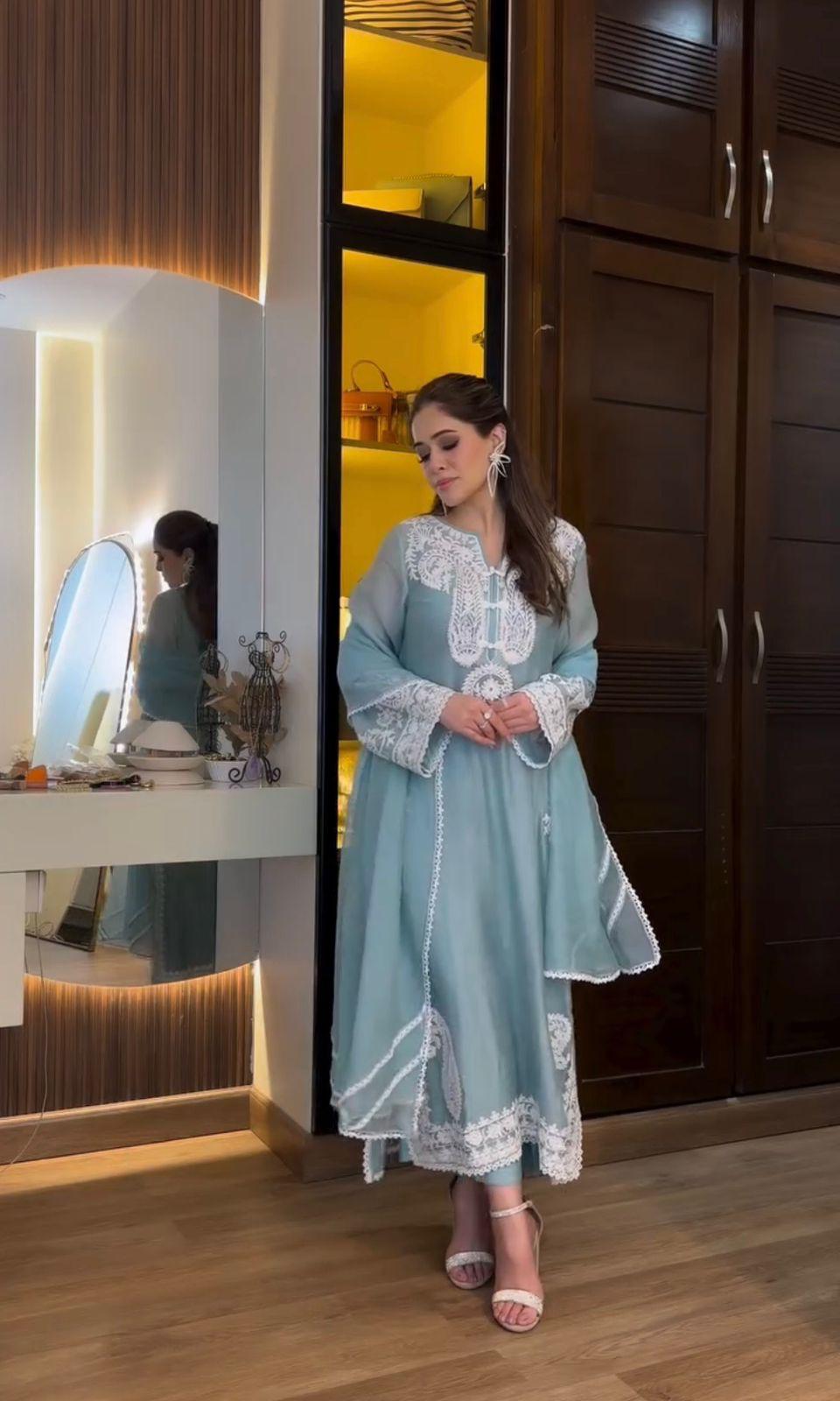 Sky Blue Embroidered Georgette Kurta Set With White Lace Detailing