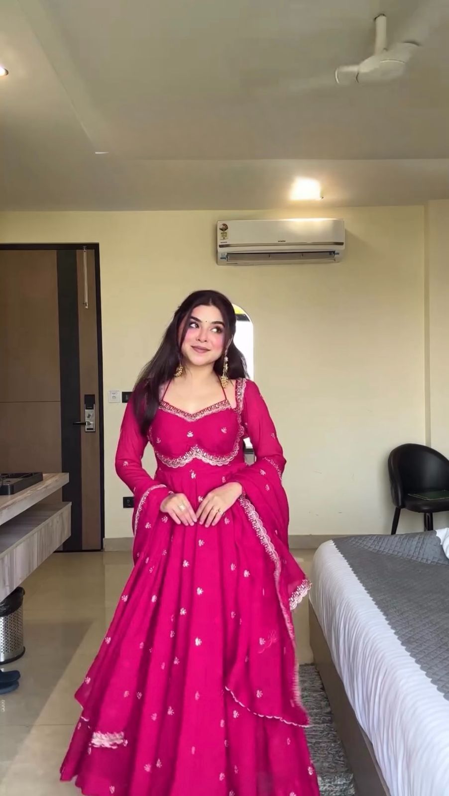 Womens Magenta Embellished Anarkali Suit With Dupatta
