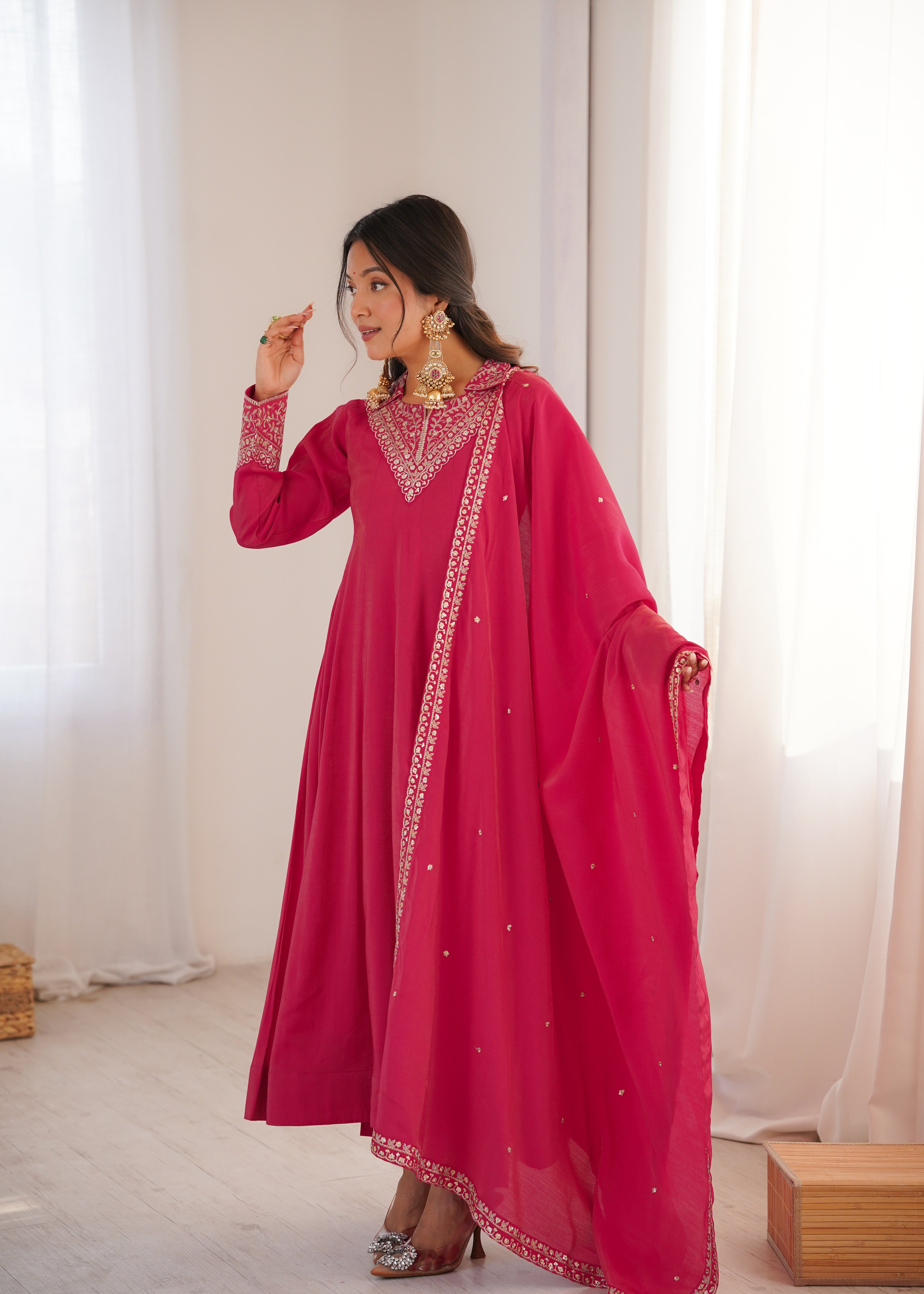 Luxury Heavy Roman Shimmer Silk Designer Anarkali Suit Set