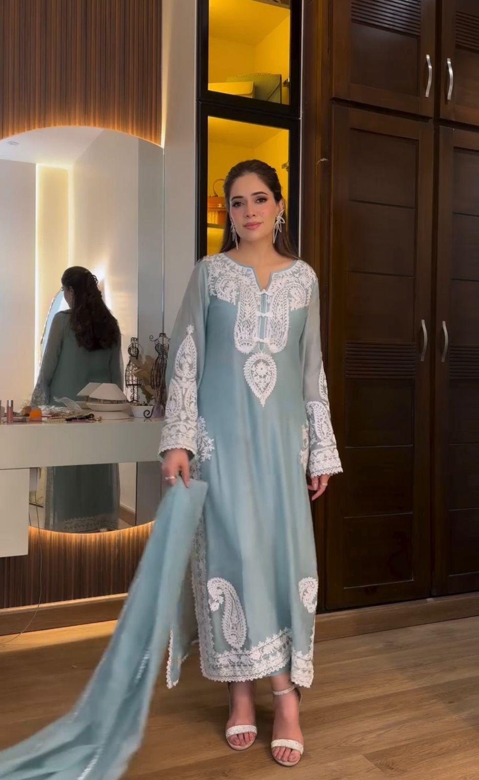 Sky Blue Embroidered Georgette Kurta Set With White Lace Detailing