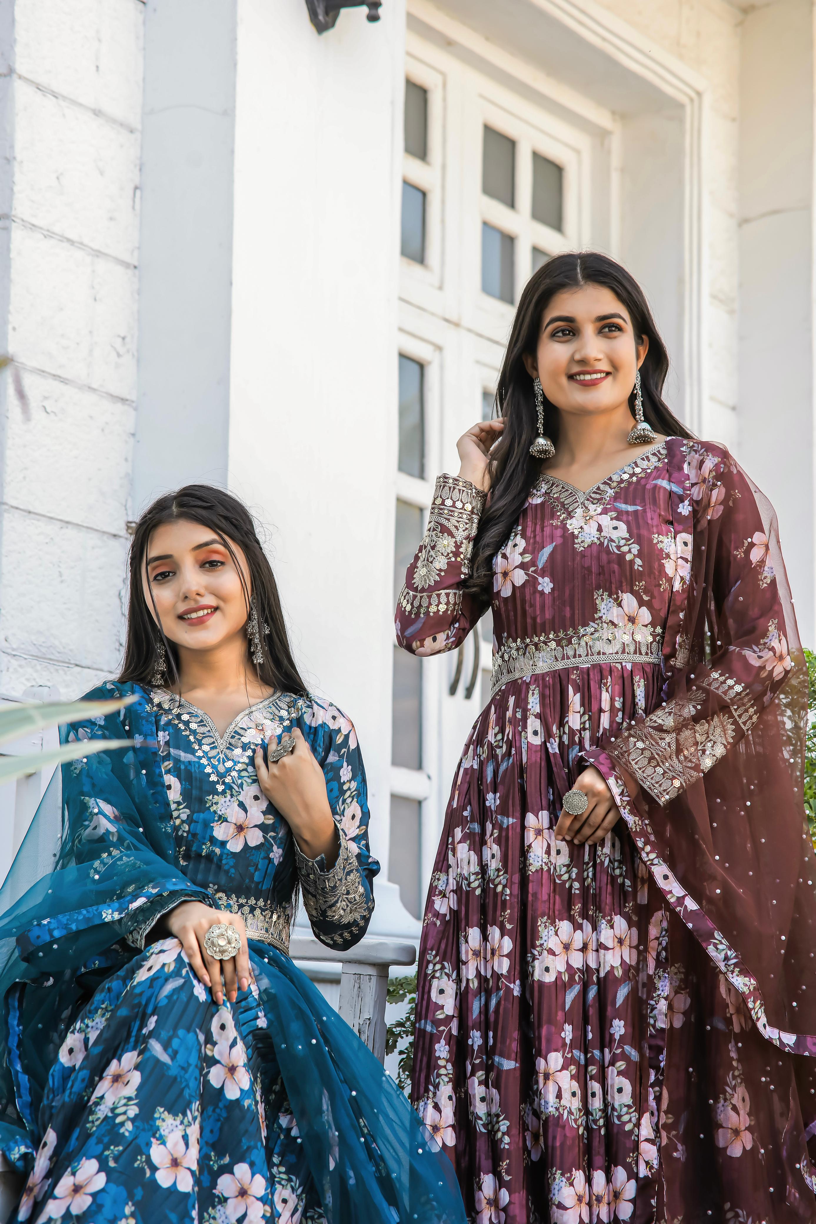 Lovely Floral Digital Printed Sequins Embroidered Crush Chinon Silk Suit