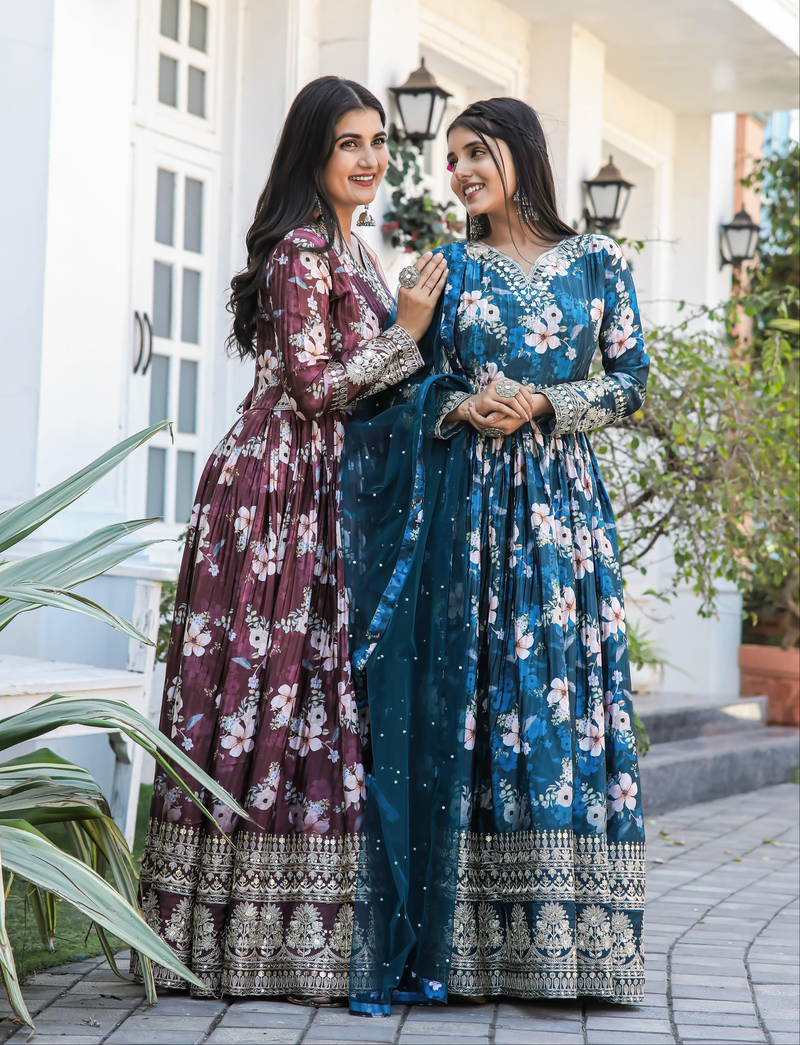 Lovely Floral Digital Printed Sequins Embroidered Crush Chinon Silk Suit