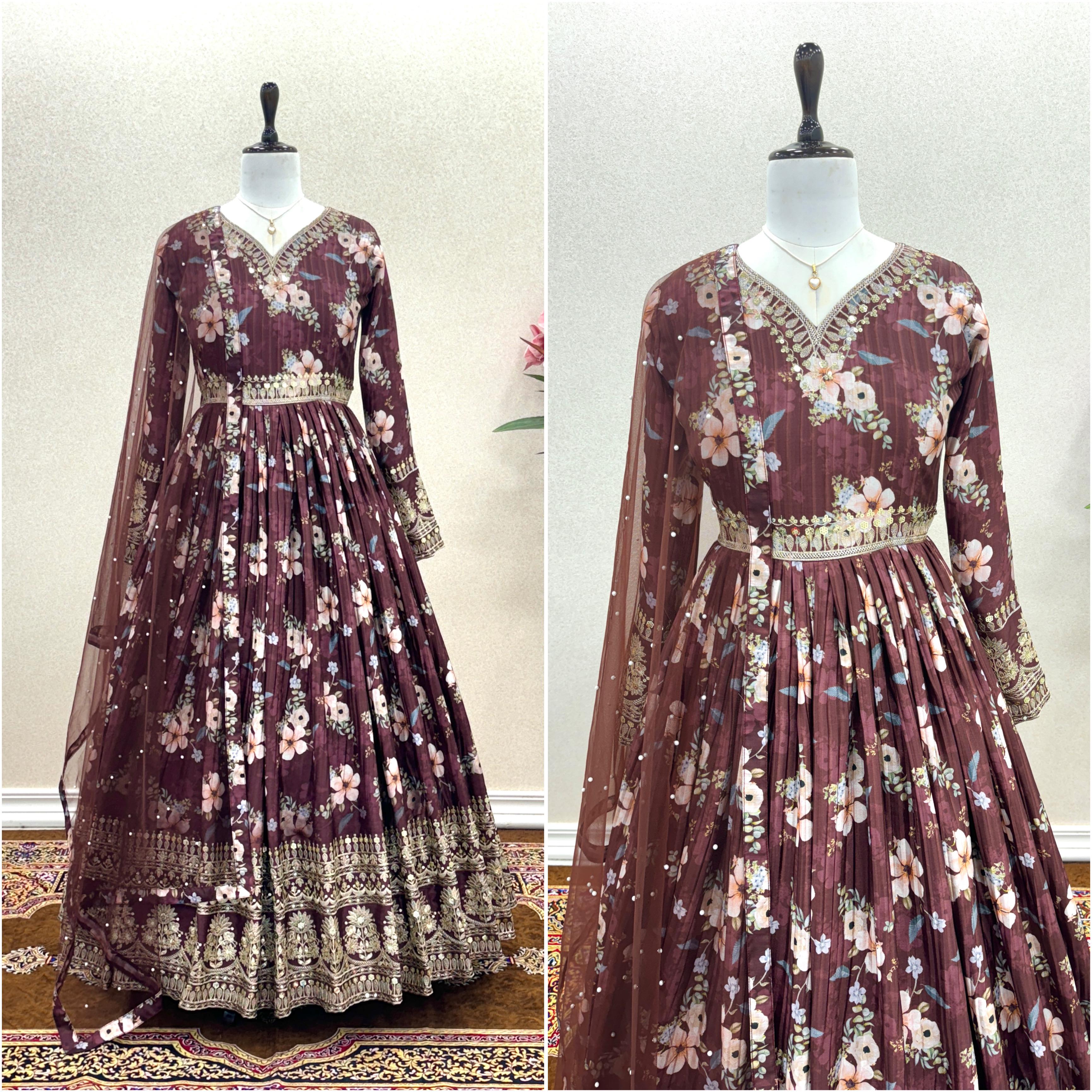 Lovely Floral Digital Printed Sequins Embroidered Crush Chinon Silk Suit