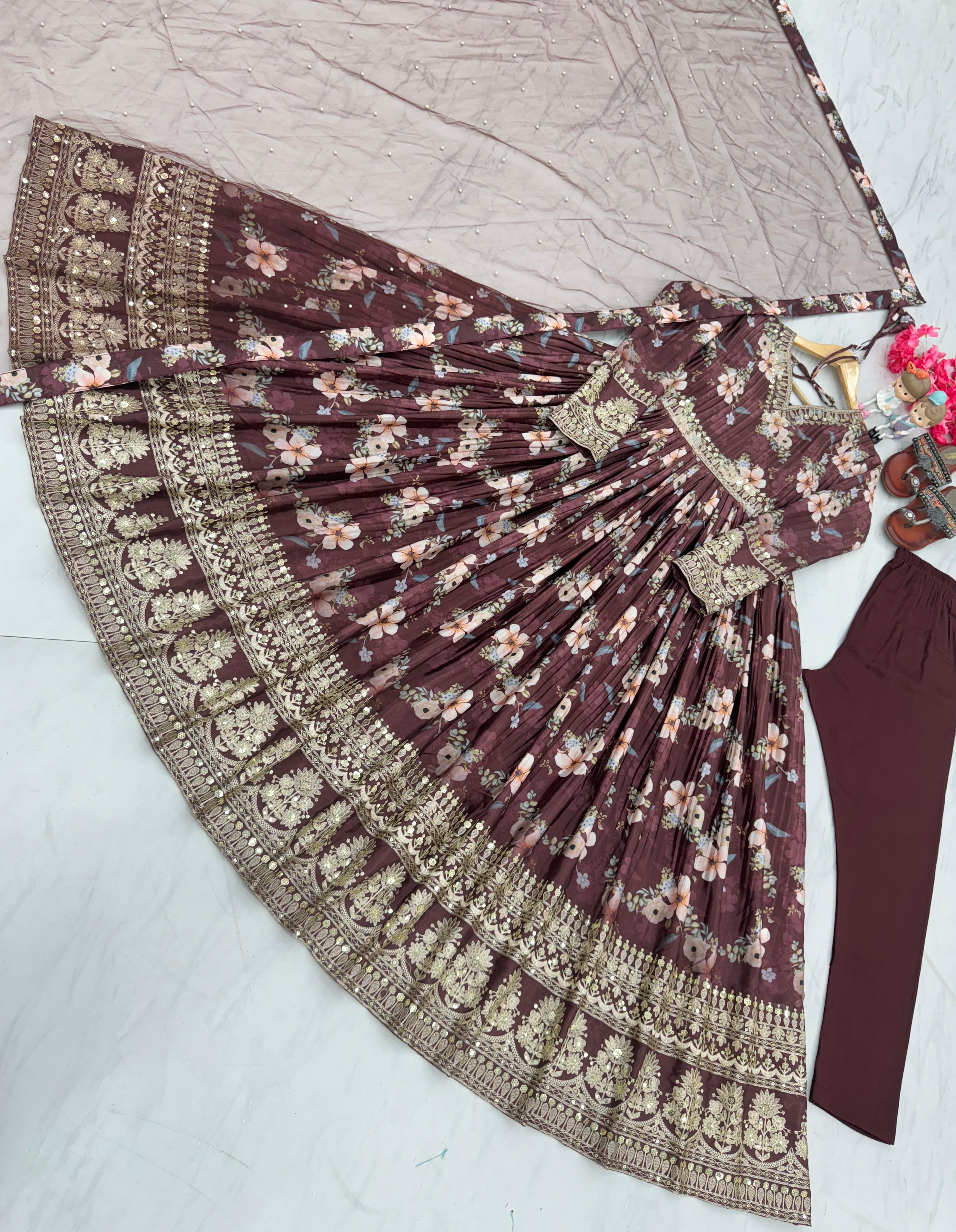 Lovely Floral Digital Printed Sequins Embroidered Crush Chinon Silk Suit