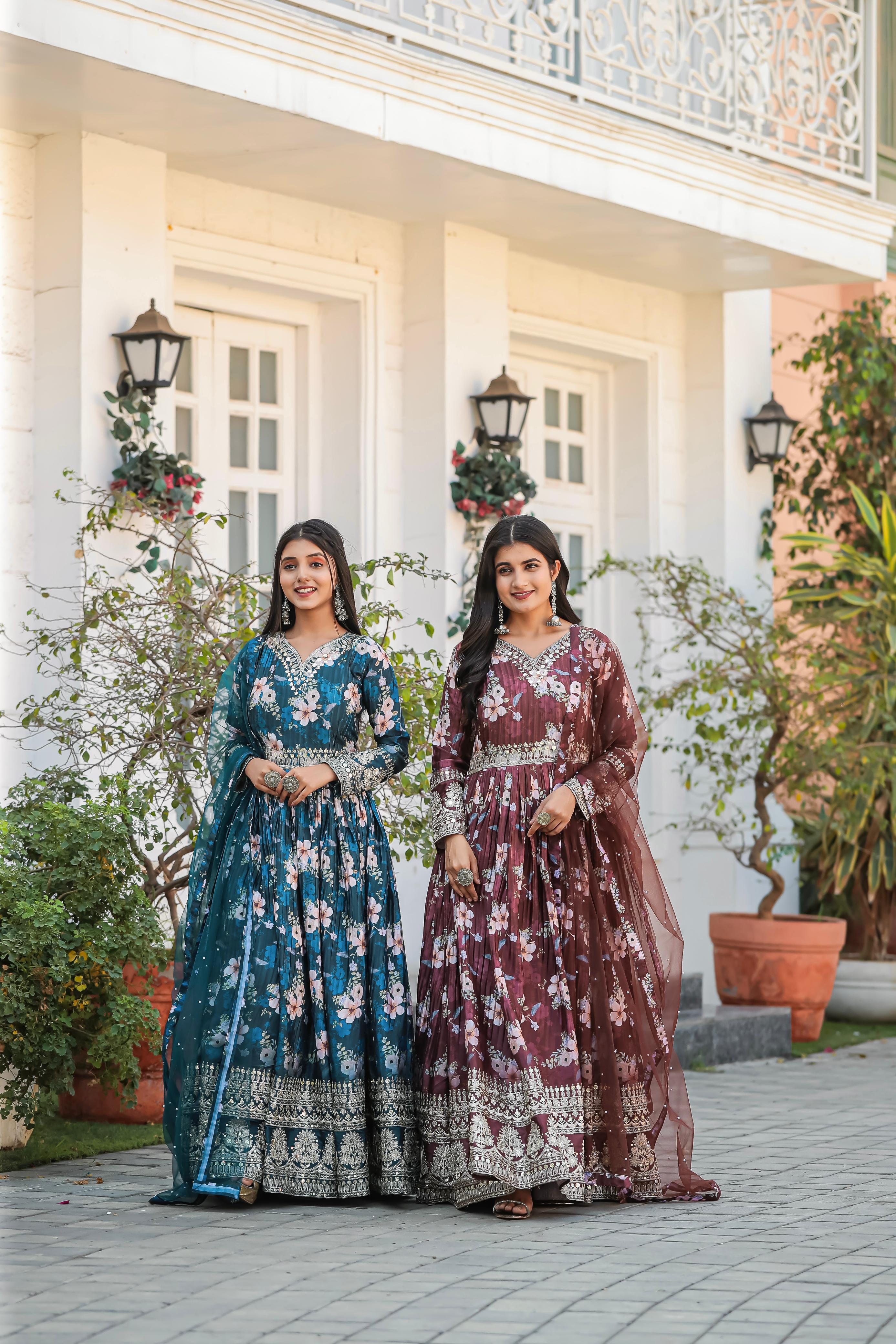 Lovely Floral Digital Printed Sequins Embroidered Crush Chinon Silk Suit