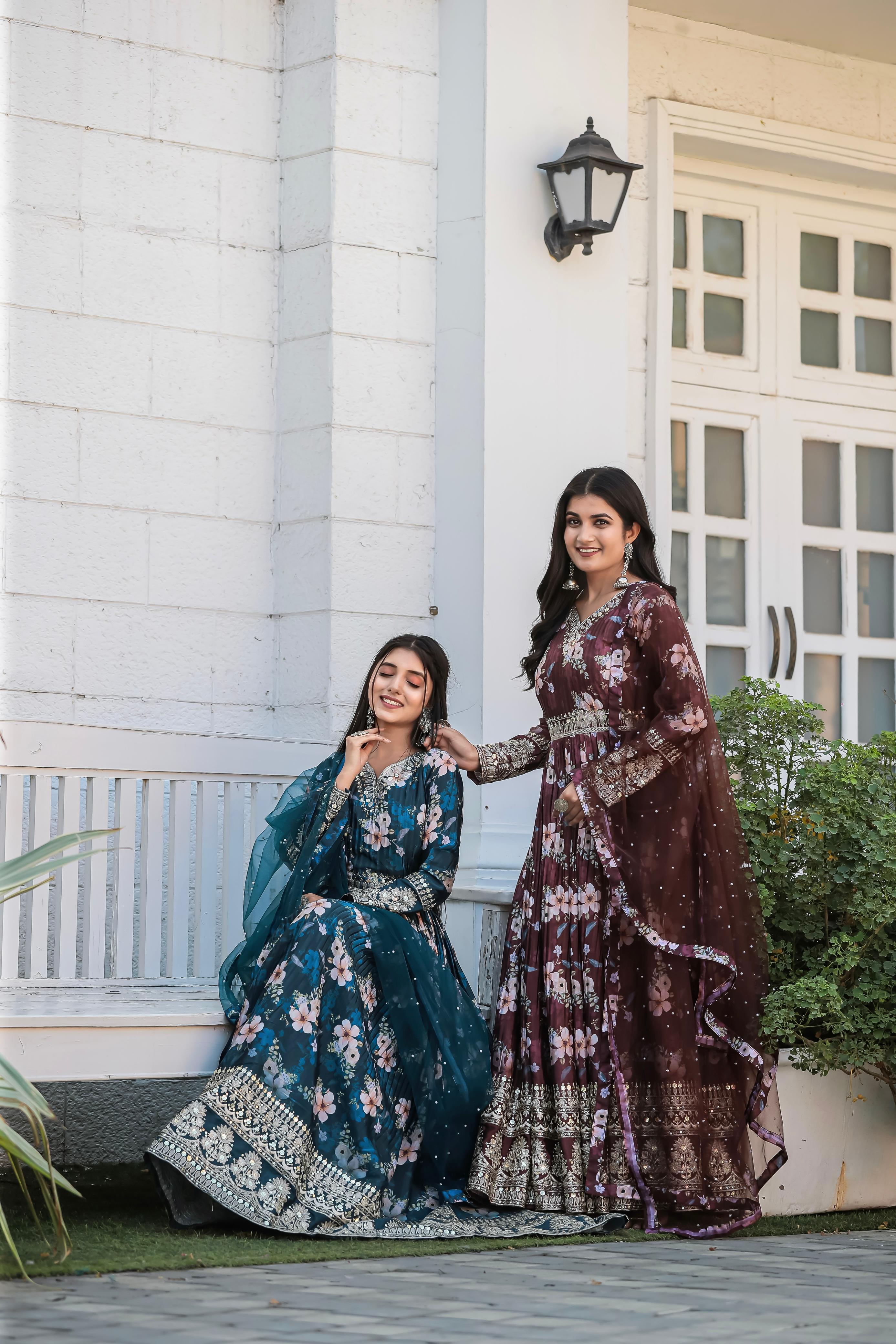 Lovely Floral Digital Printed Sequins Embroidered Crush Chinon Silk Suit