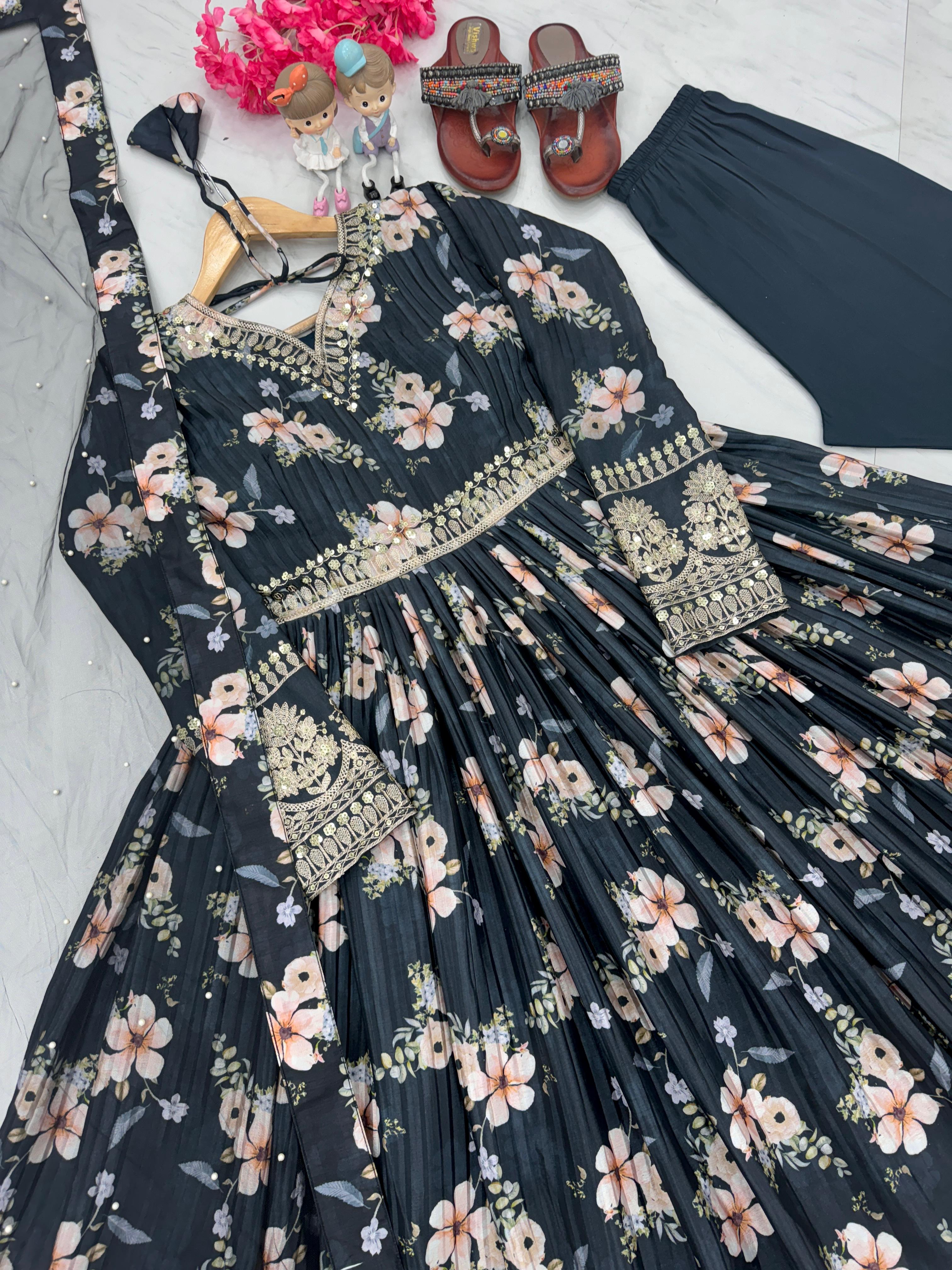 Lovely Floral Digital Printed Sequins Embroidered Crush Chinon Silk Suit