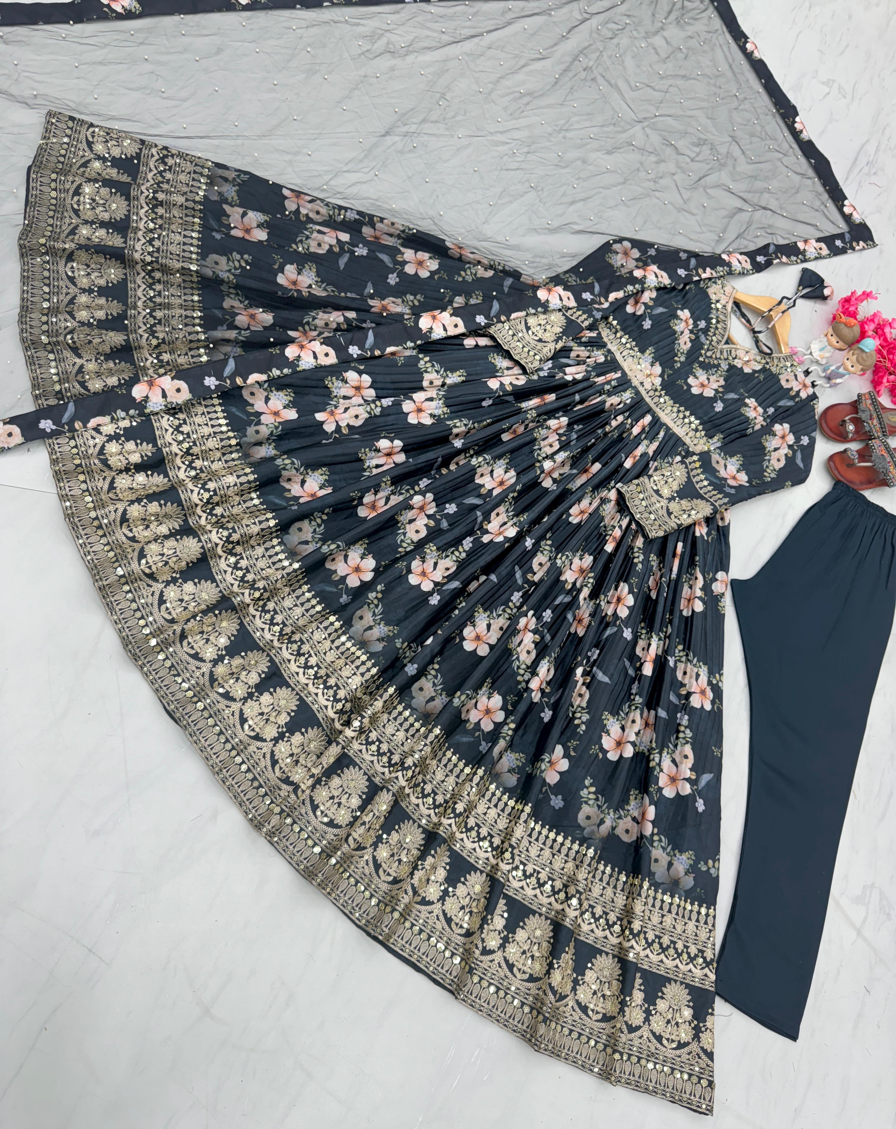 Lovely Floral Digital Printed Sequins Embroidered Crush Chinon Silk Suit