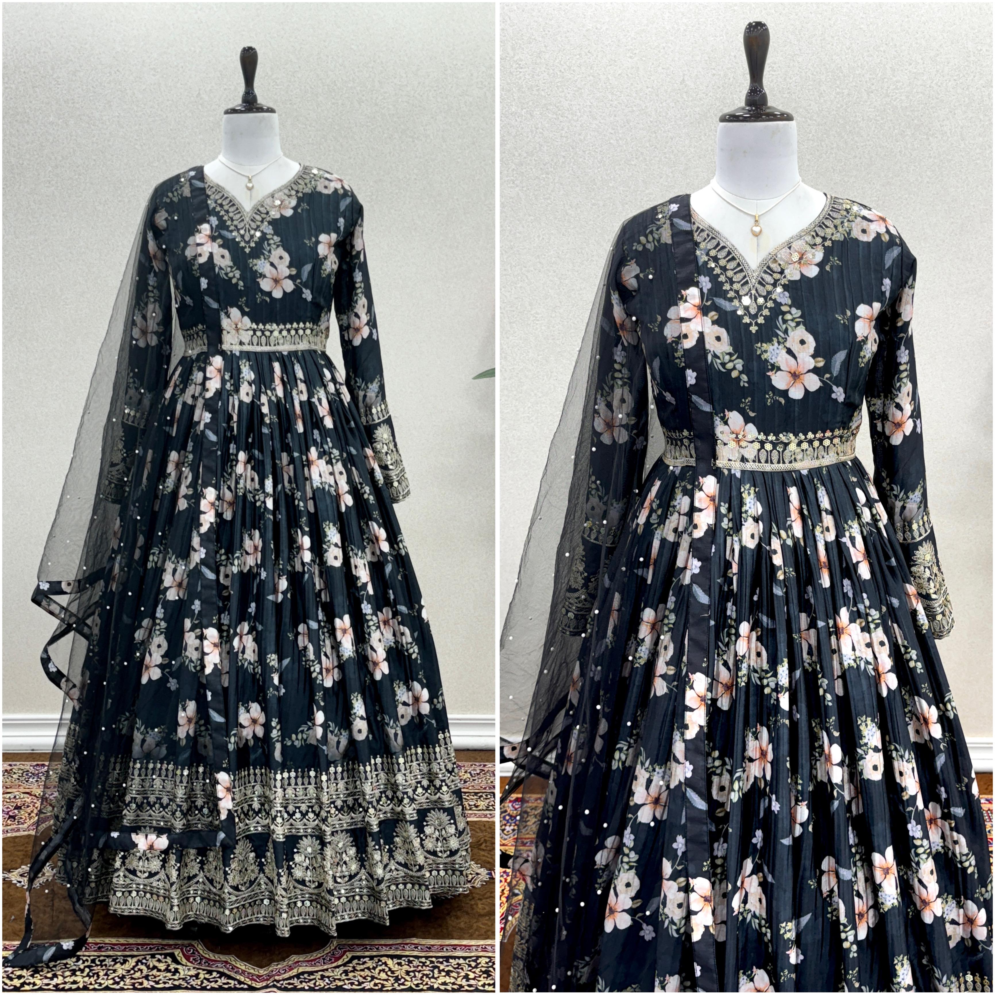 Lovely Floral Digital Printed Sequins Embroidered Crush Chinon Silk Suit