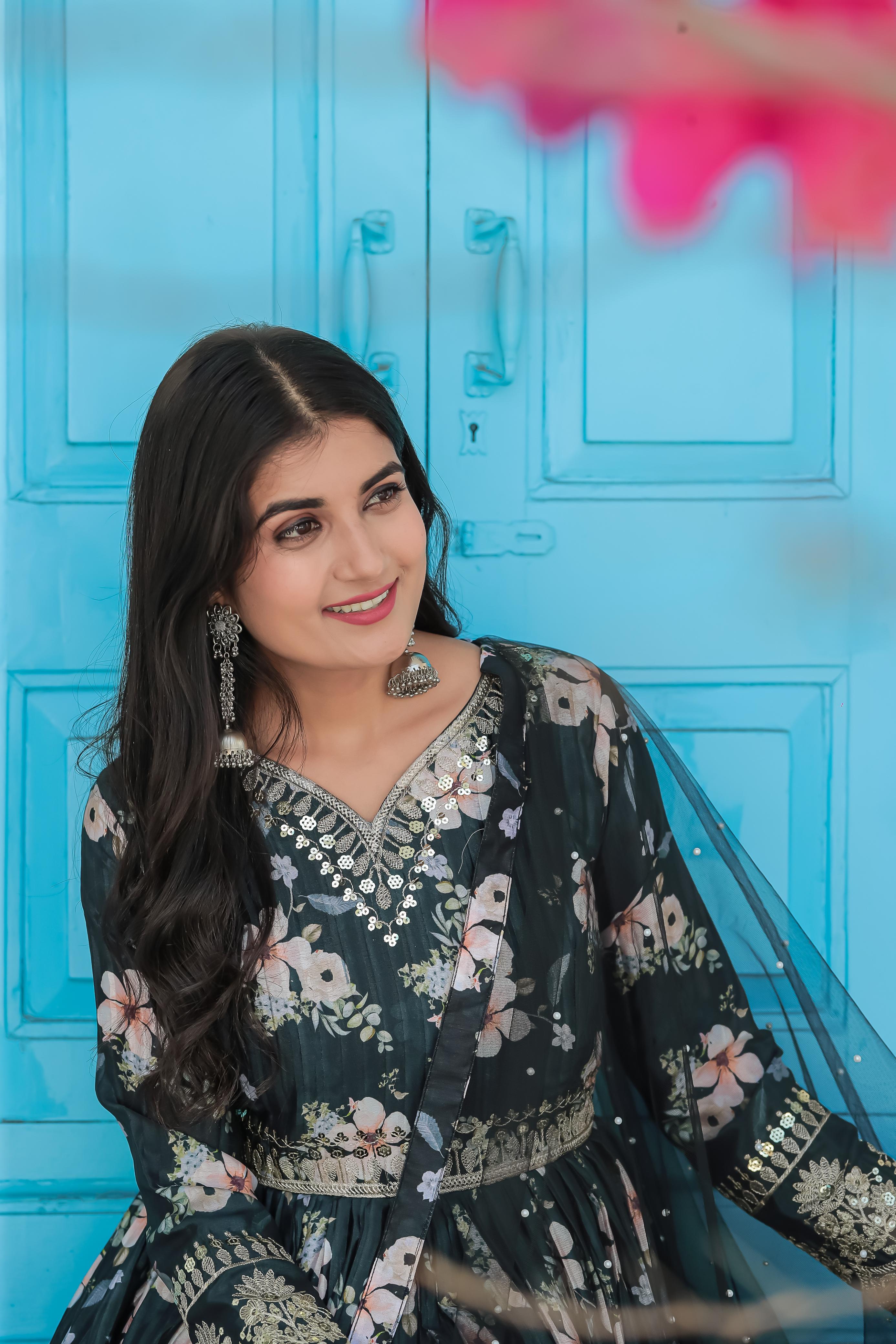 Lovely Floral Digital Printed Sequins Embroidered Crush Chinon Silk Suit