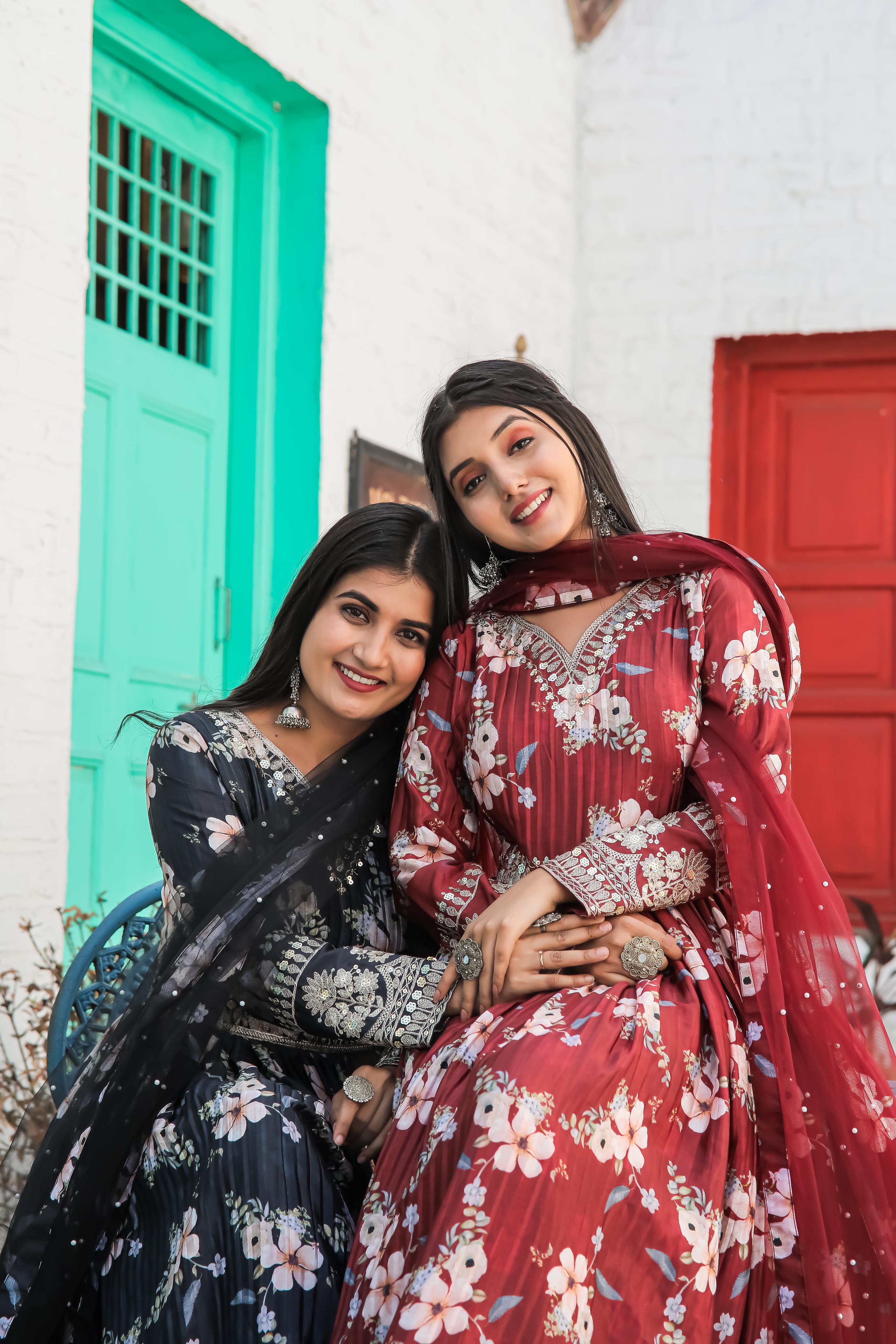 Lovely Floral Digital Printed Sequins Embroidered Crush Chinon Silk Suit