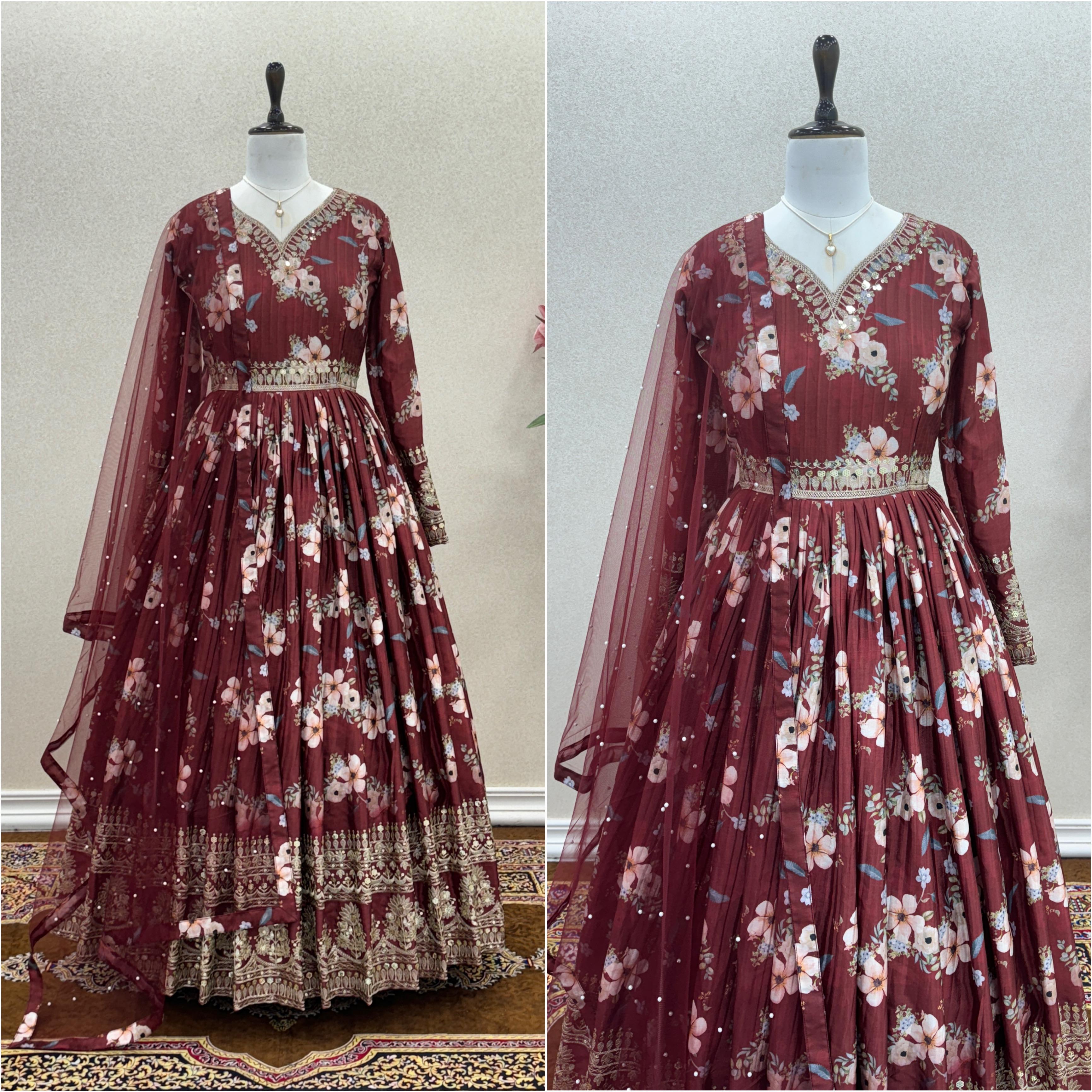 Lovely Floral Digital Printed Sequins Embroidered Crush Chinon Silk Suit