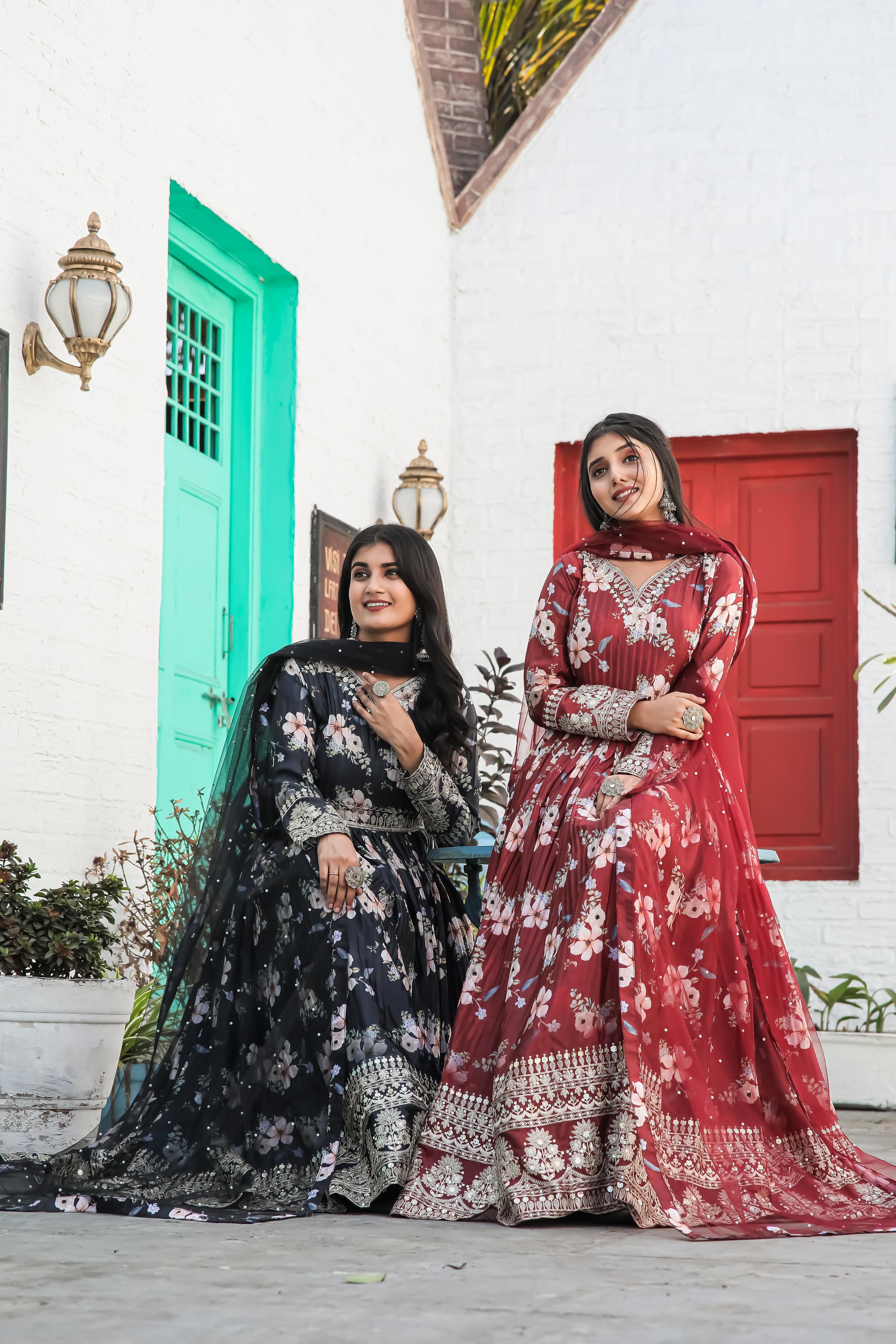 Lovely Floral Digital Printed Sequins Embroidered Crush Chinon Silk Suit