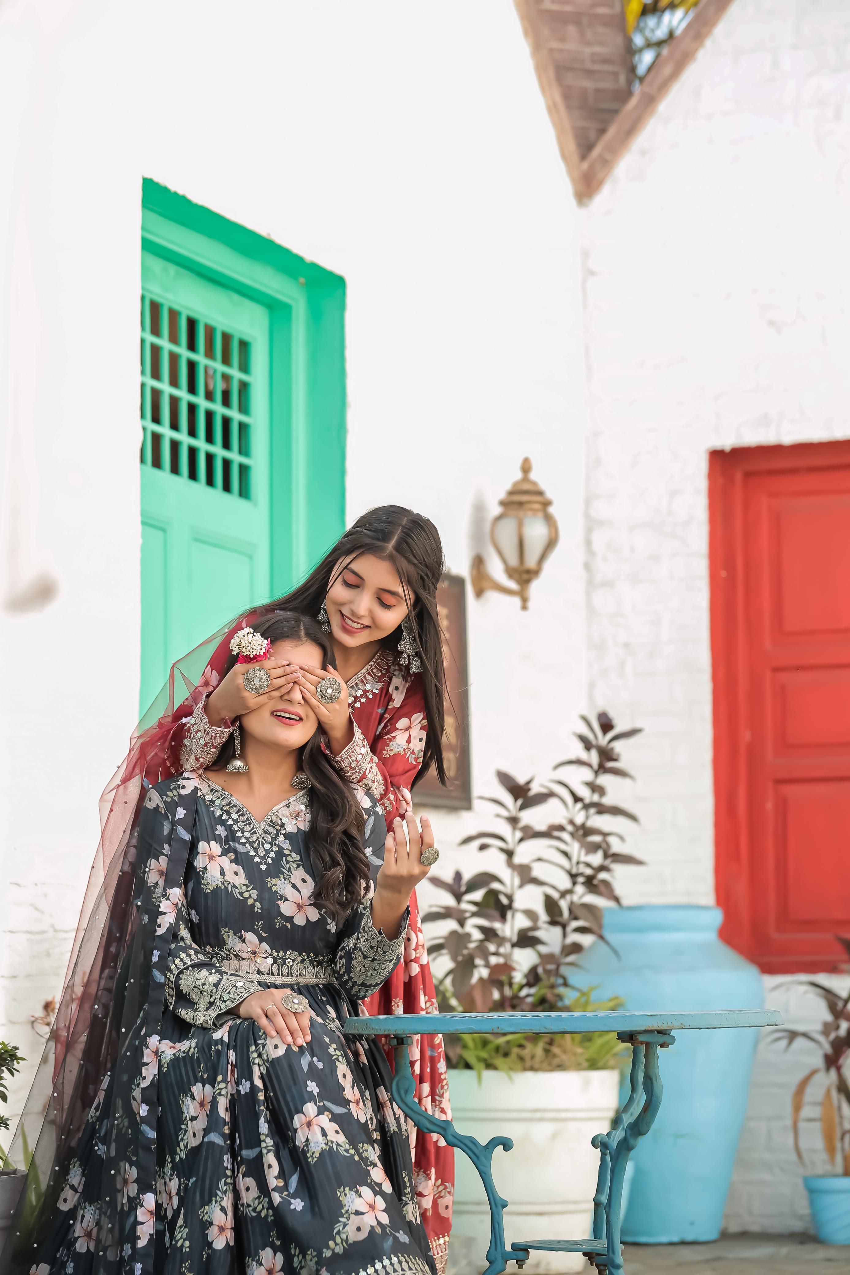 Lovely Floral Digital Printed Sequins Embroidered Crush Chinon Silk Suit