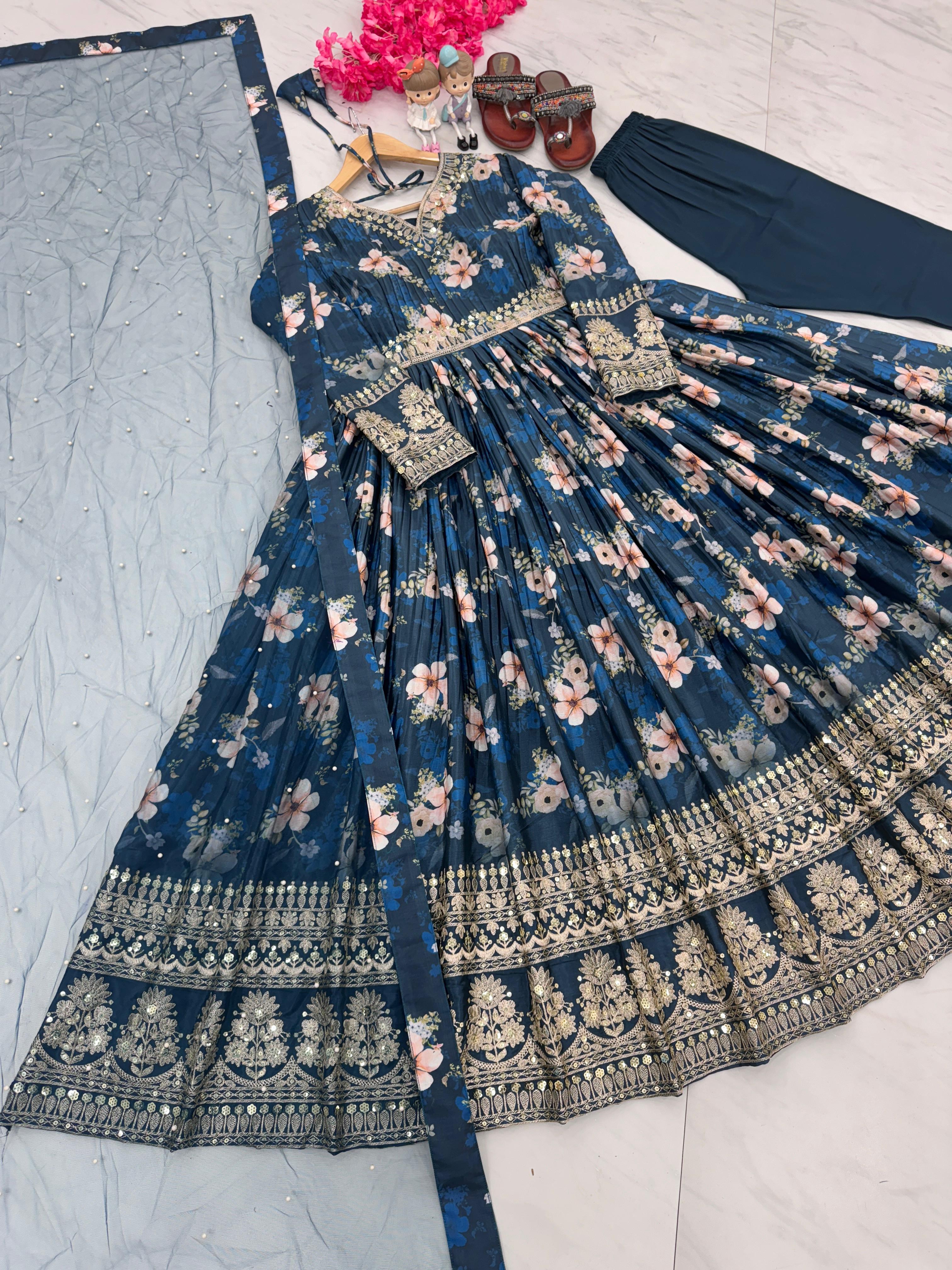 Lovely Floral Digital Printed Sequins Embroidered Crush Chinon Silk Suit