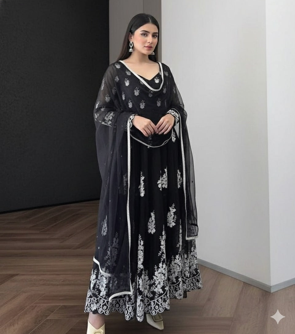 Womens Black Anarkali Suit Set With White Floral Embroidery