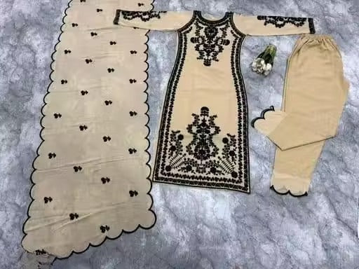 Elegant Cream And Black Embroidered Kurta Set With Scalloped Dupatta