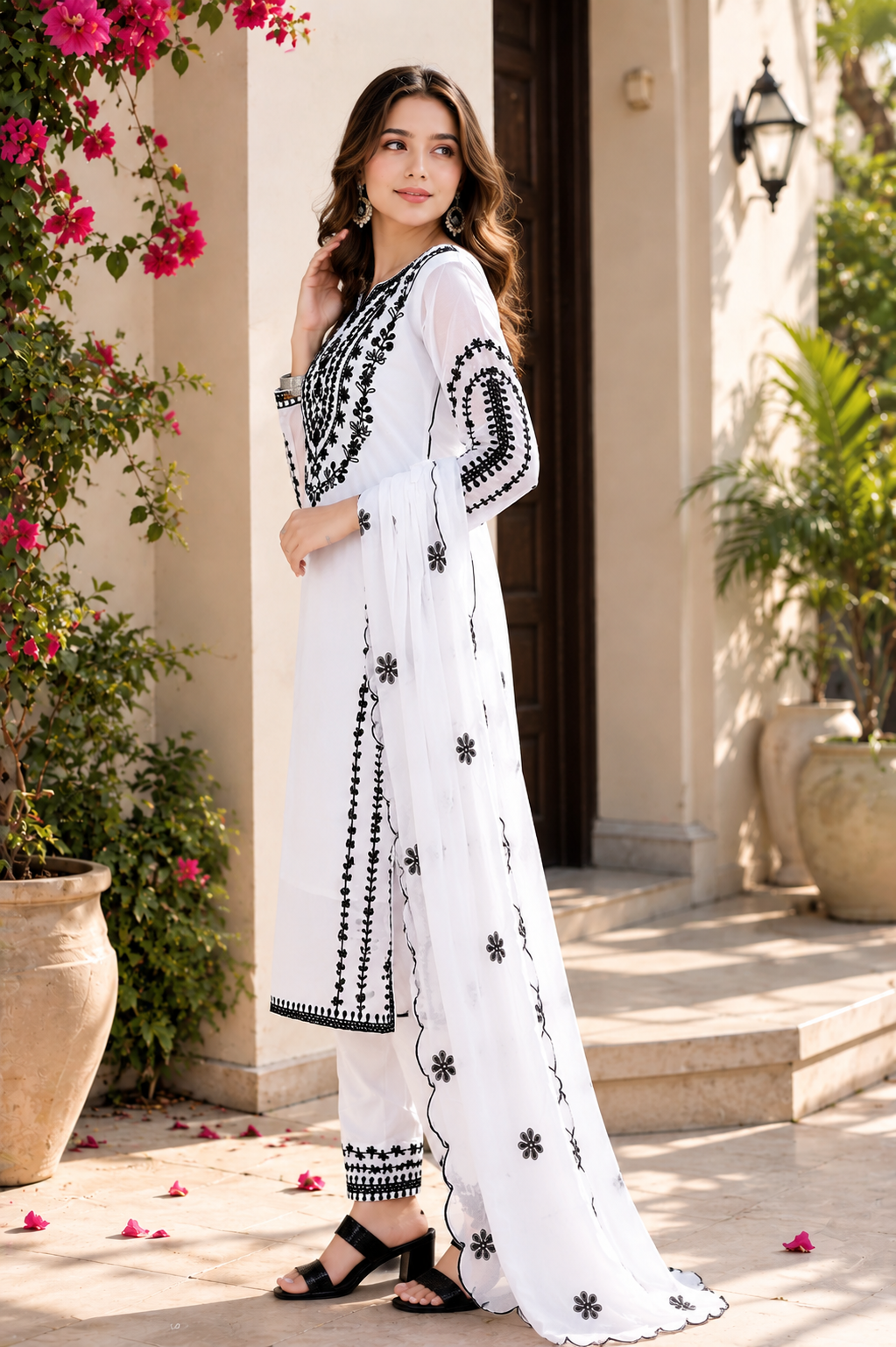 White Embroidered Ethnic Suit Set With Dupatta