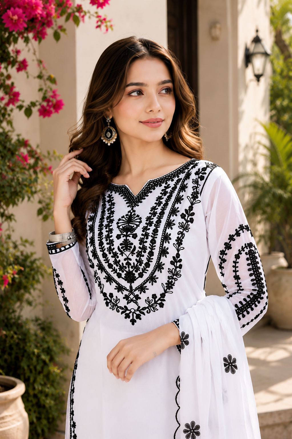 White Embroidered Ethnic Suit Set With Dupatta