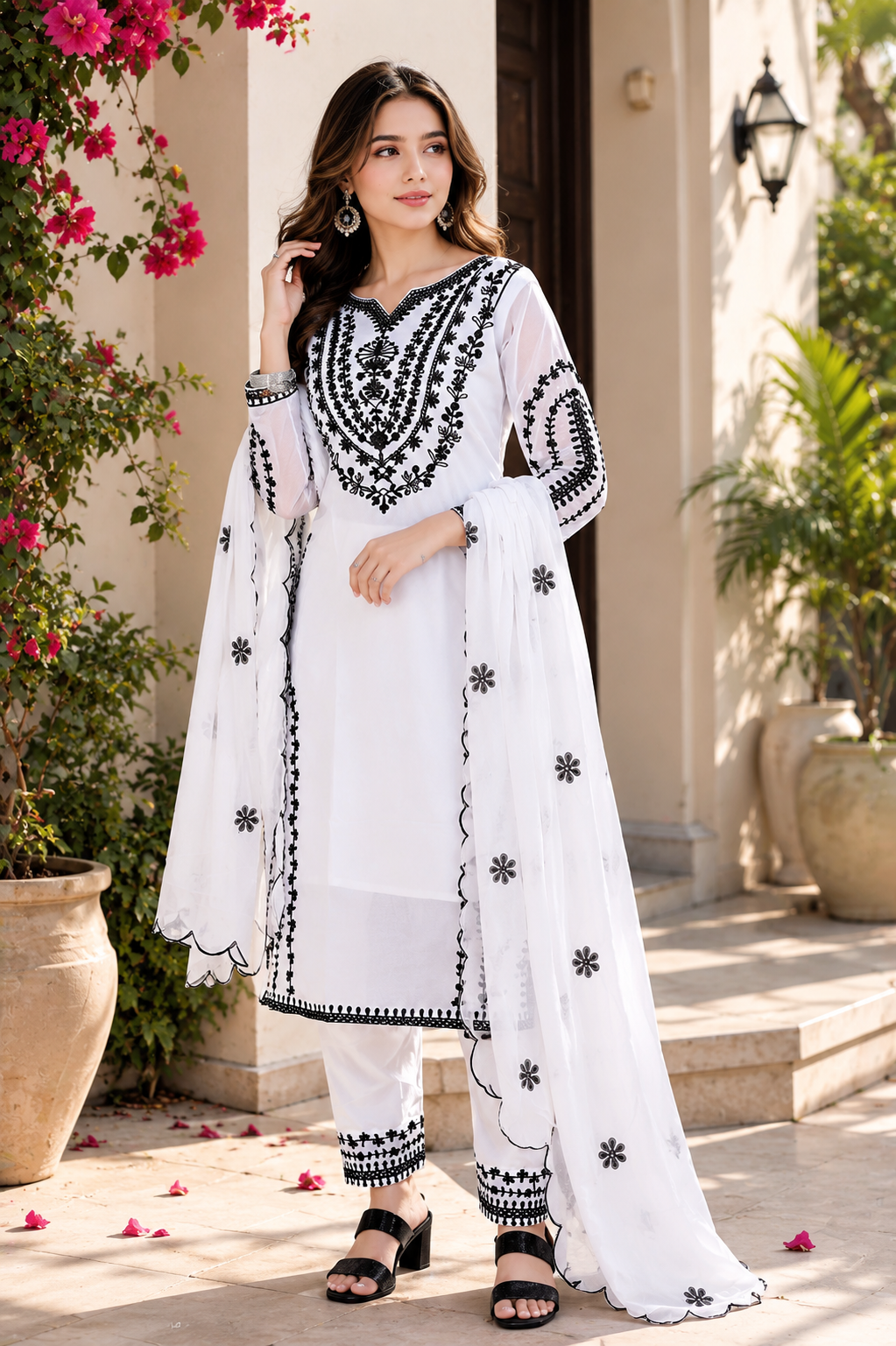 White Embroidered Ethnic Suit Set With Dupatta
