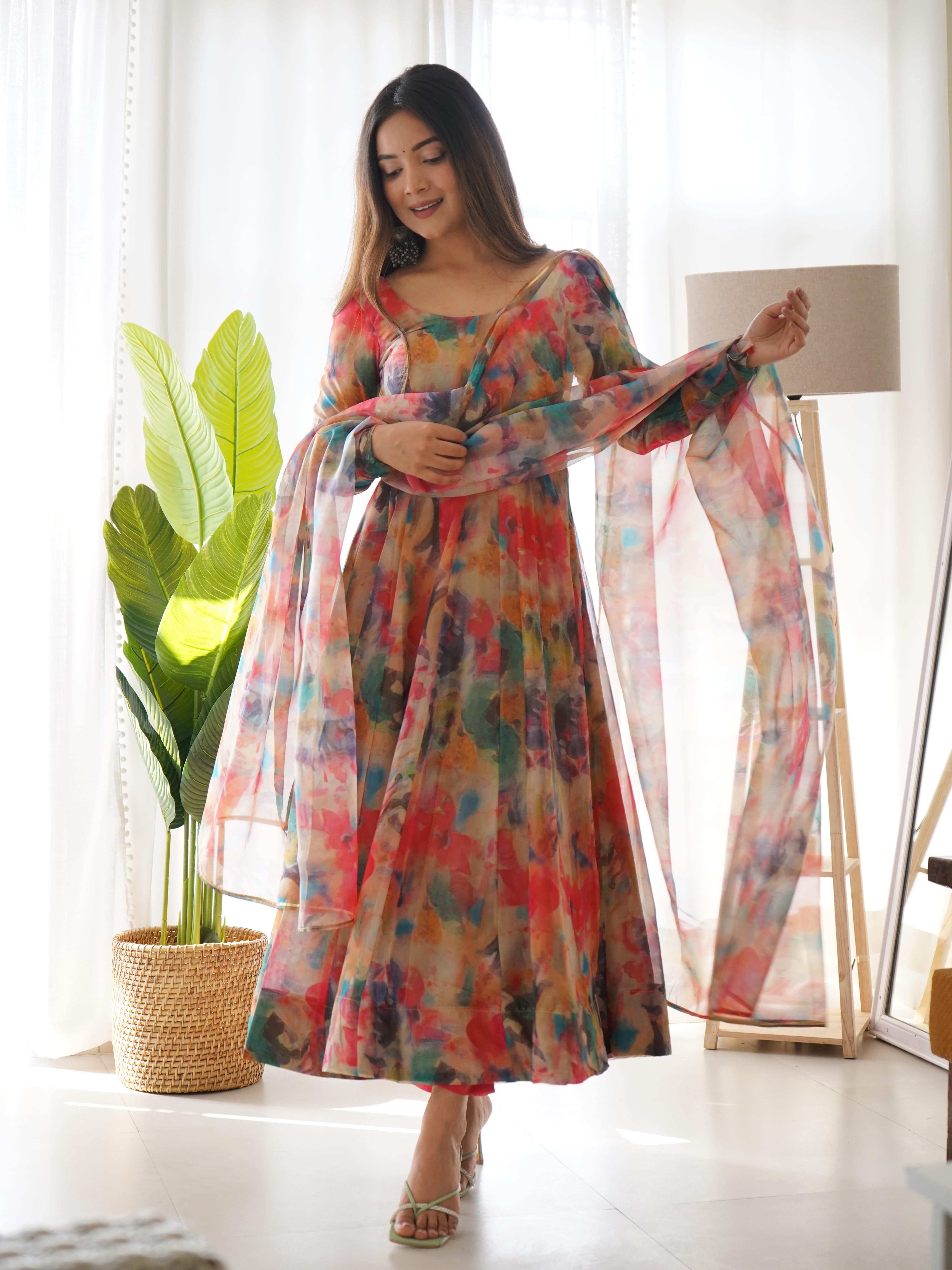 Elegant Soft Organza Silk Floral Designer Anarkali Pant Suit