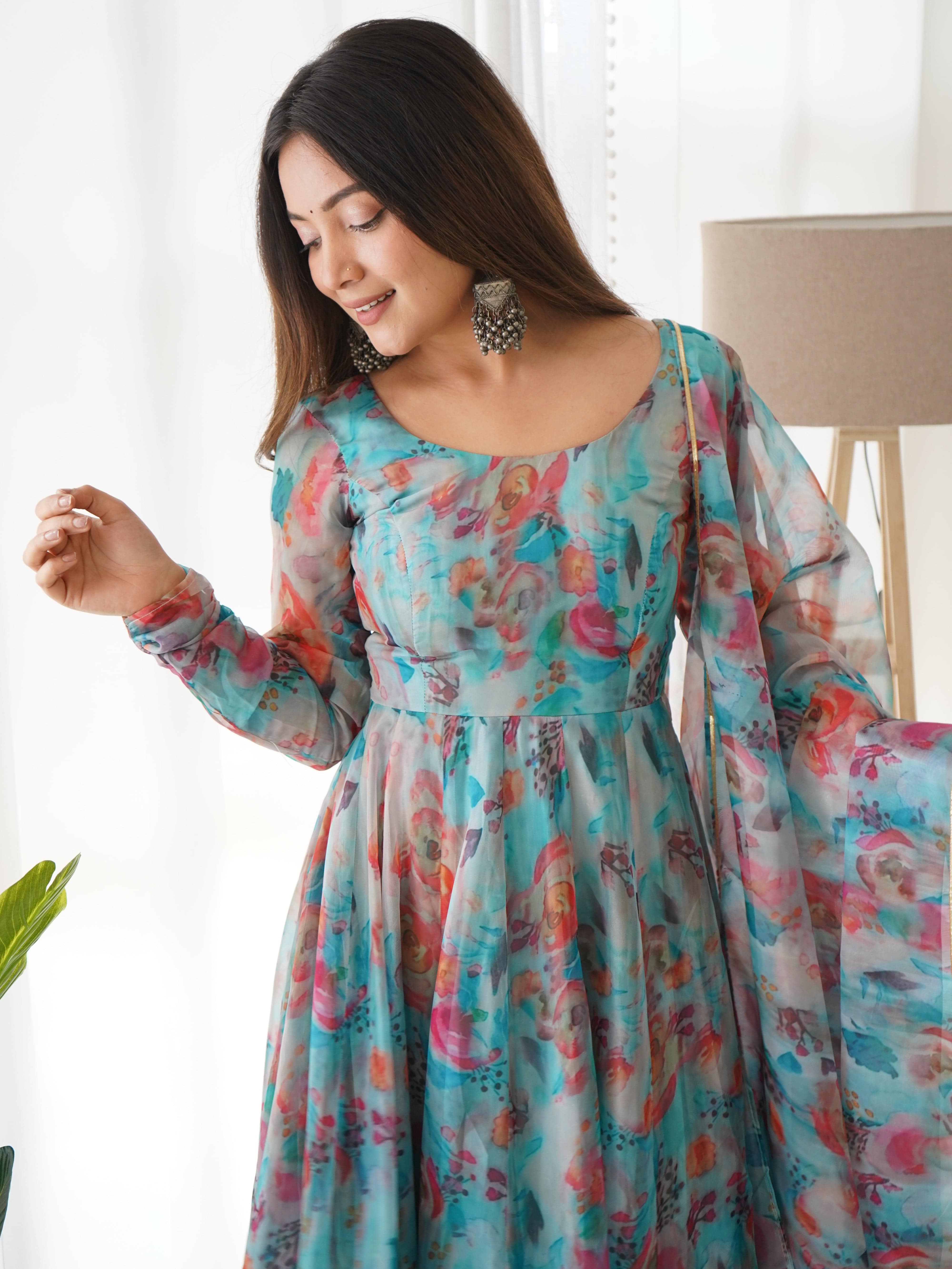 Elegant Soft Organza Silk Floral Designer Anarkali Pant Suit