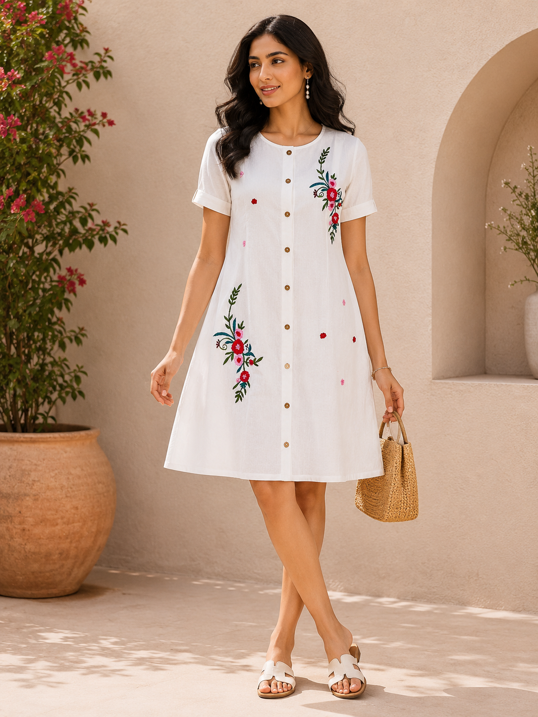 White Linen Embroidered Floral A-Line Dress for Women