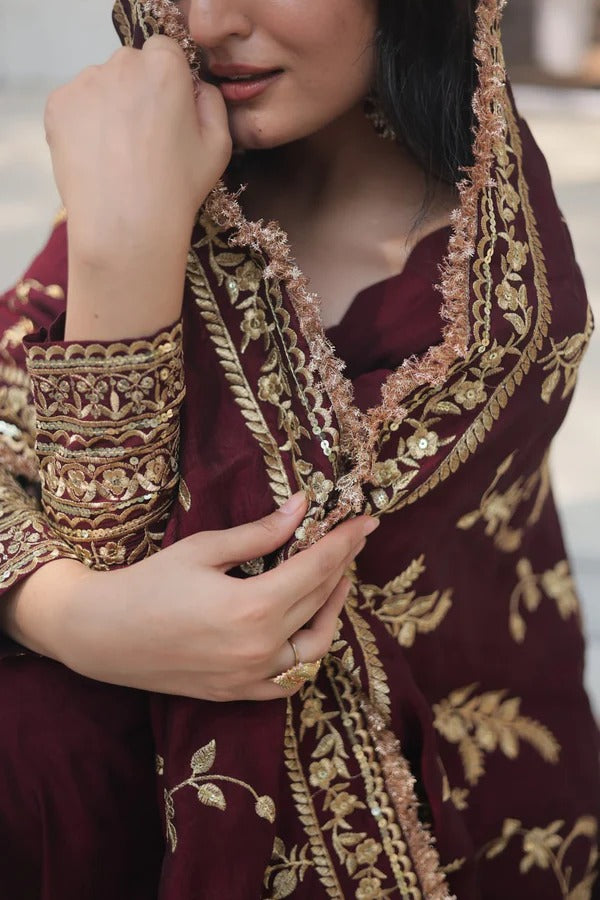 Maroon Velvet Embroidered Anarkali Suit With Dupatta