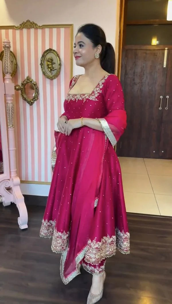 Magenta Embellished Anarkali Suit With Dupatta