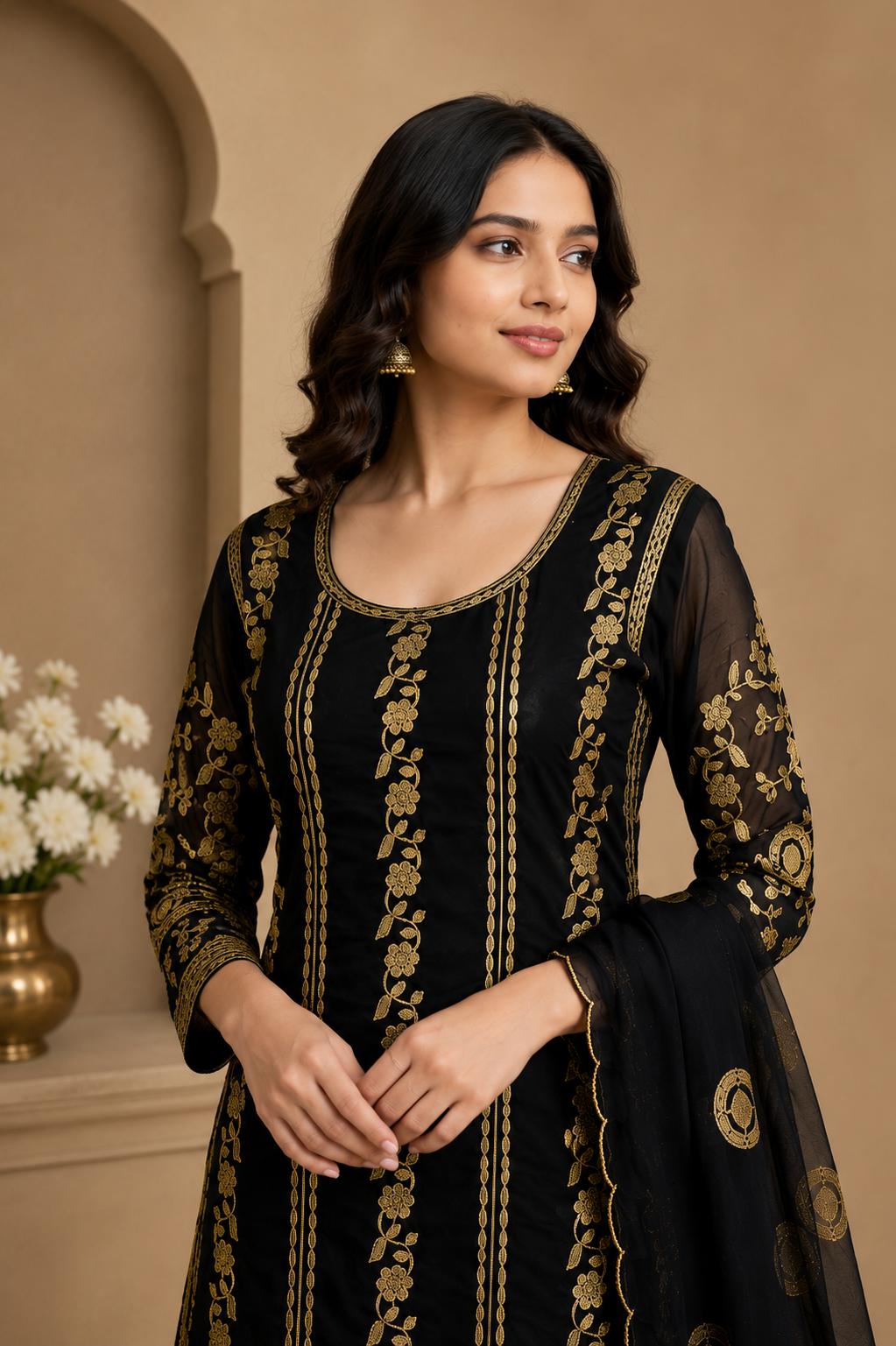 Black Georgette Embroidered Pakistani Suit Set With Dupatta