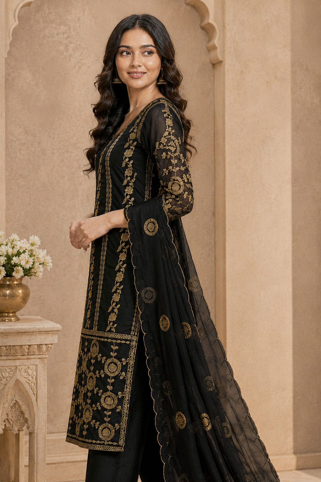 Black Georgette Embroidered Pakistani Suit Set With Dupatta