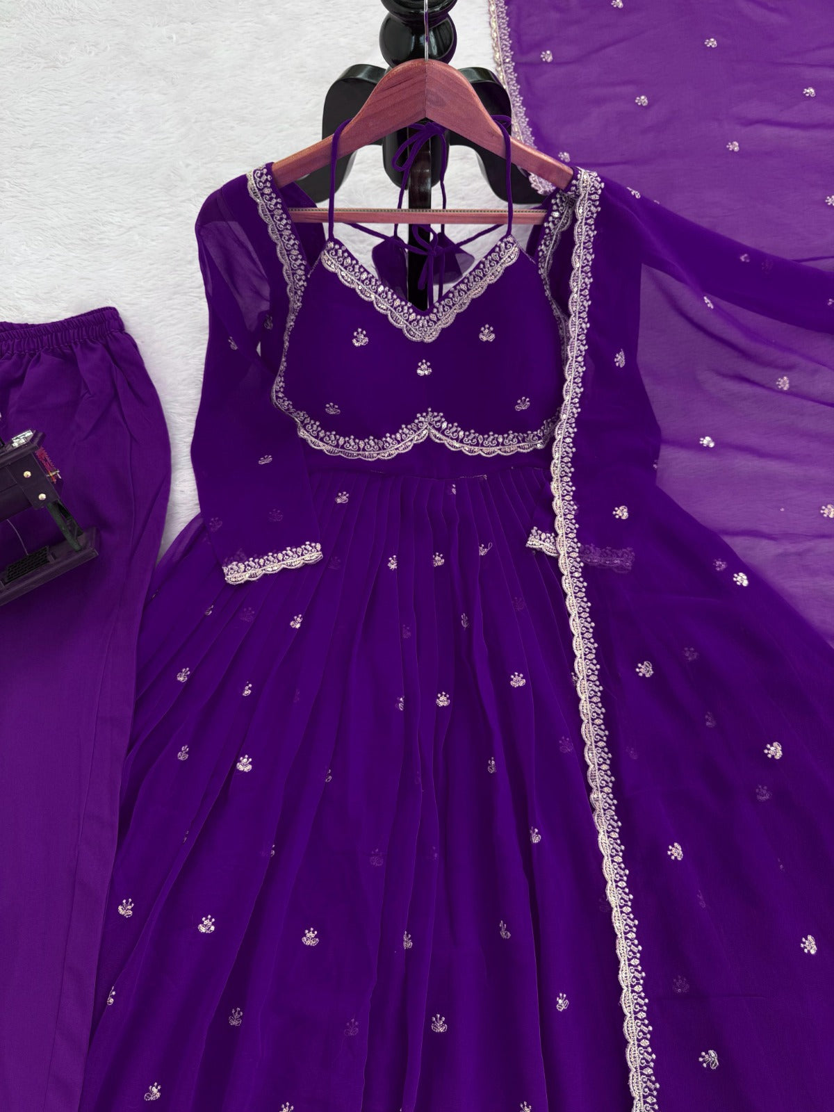 Purple Georgette Anarkali Suit With Silver Embellishments And Dupatta