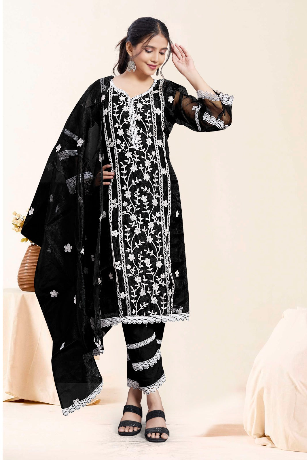 Black Embroidered Ethnic Suit Set With Dupatta