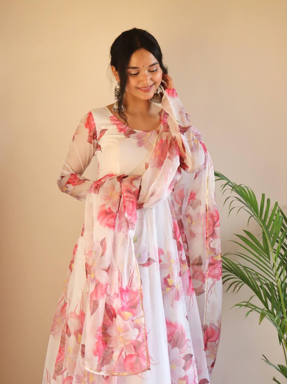 Breathtaking White Floral Digital Printed Organza Silk Anarkali Pant Suit