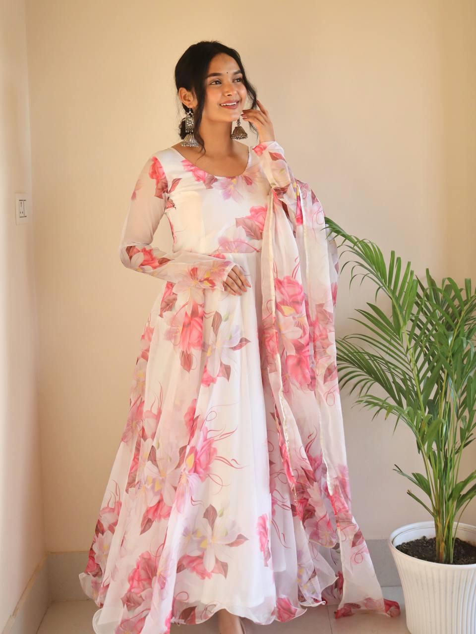 Breathtaking White Floral Digital Printed Organza Silk Anarkali Pant Suit