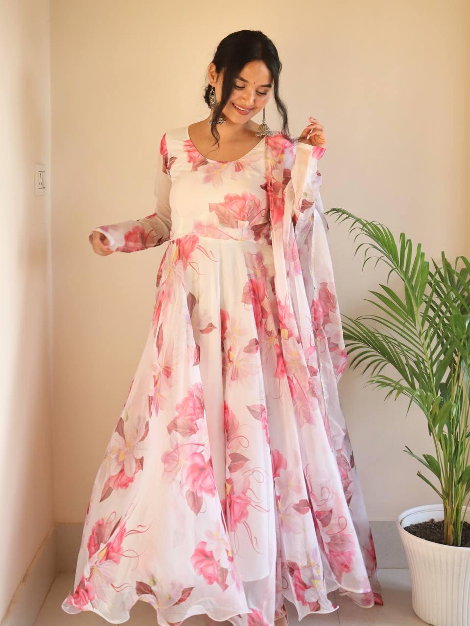 Breathtaking White Floral Digital Printed Organza Silk Anarkali Pant Suit