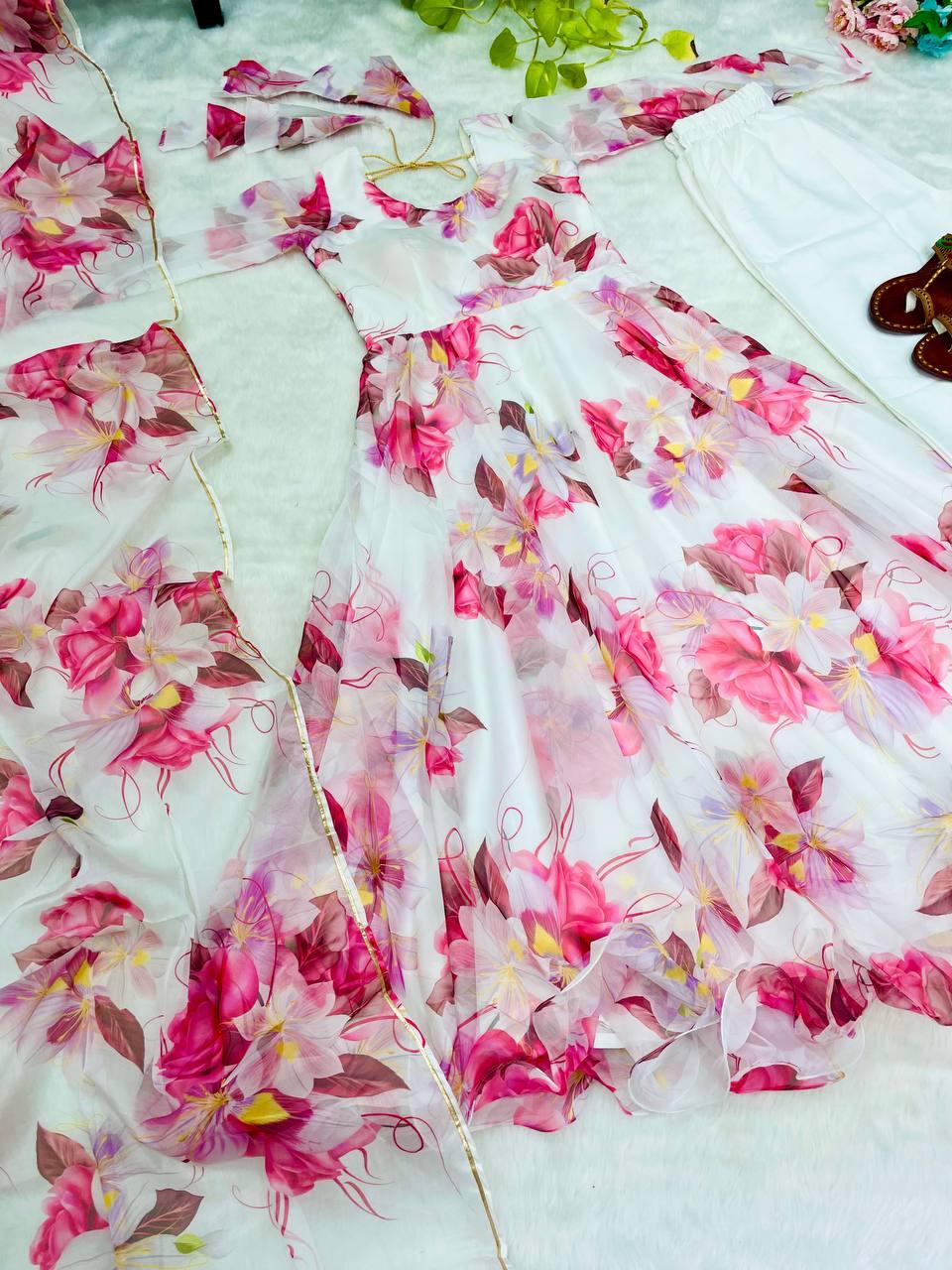 Breathtaking White Floral Digital Printed Organza Silk Anarkali Pant Suit