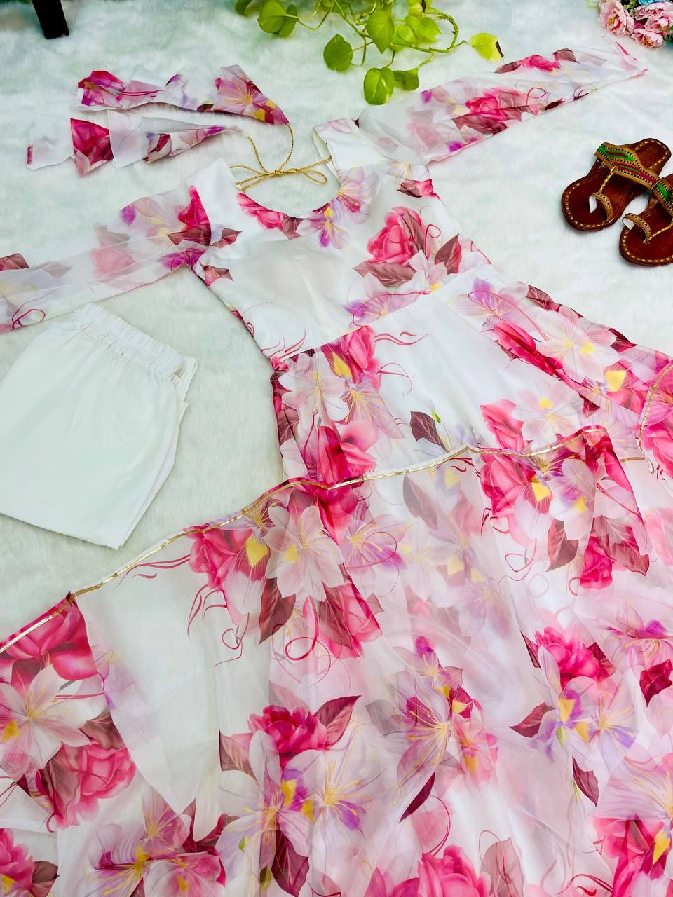 Breathtaking White Floral Digital Printed Organza Silk Anarkali Pant Suit