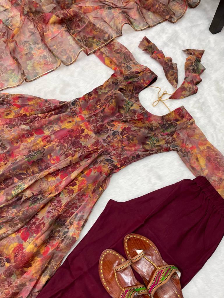Luminous Brown Floral Digital Printed Organza Silk Anarkali Pant Suit