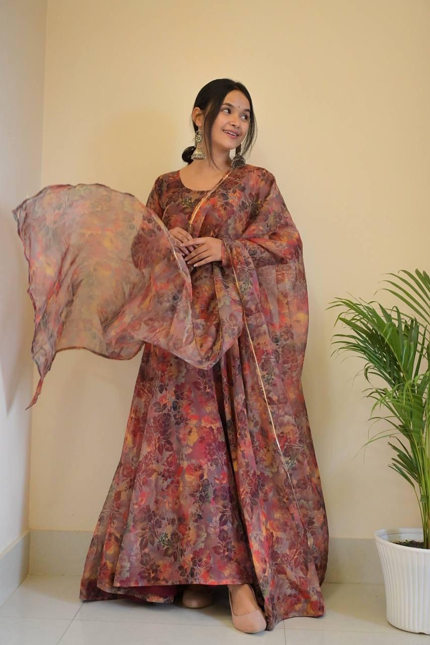 Luminous Brown Floral Digital Printed Organza Silk Anarkali Pant Suit