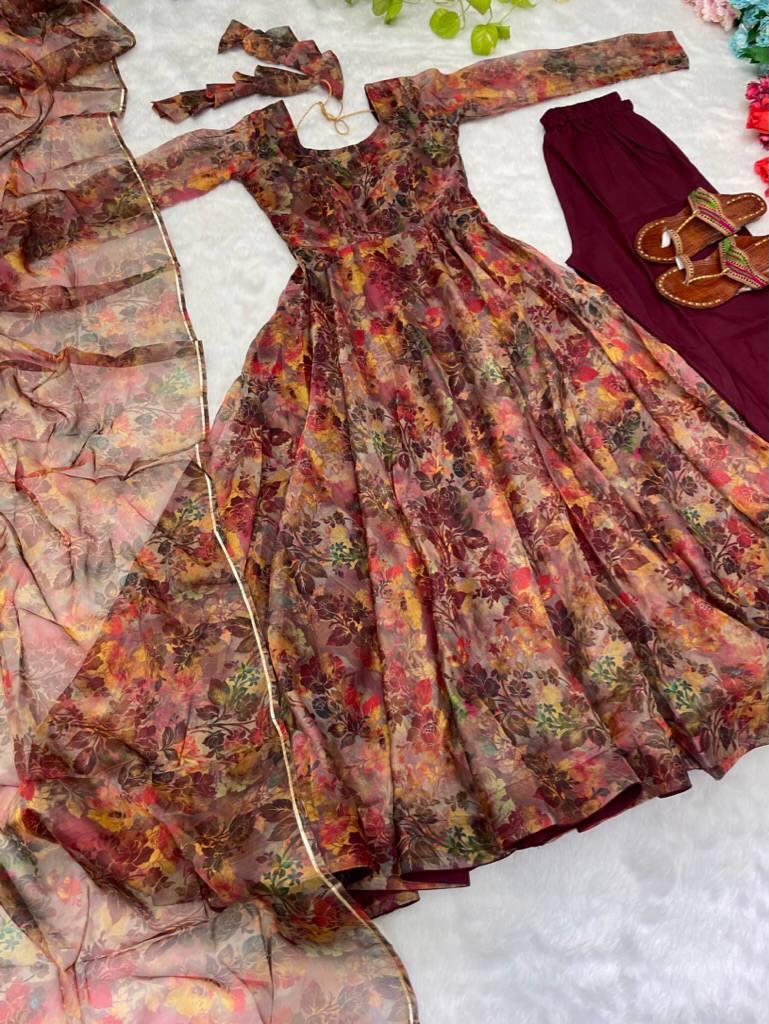 Luminous Brown Floral Digital Printed Organza Silk Anarkali Pant Suit