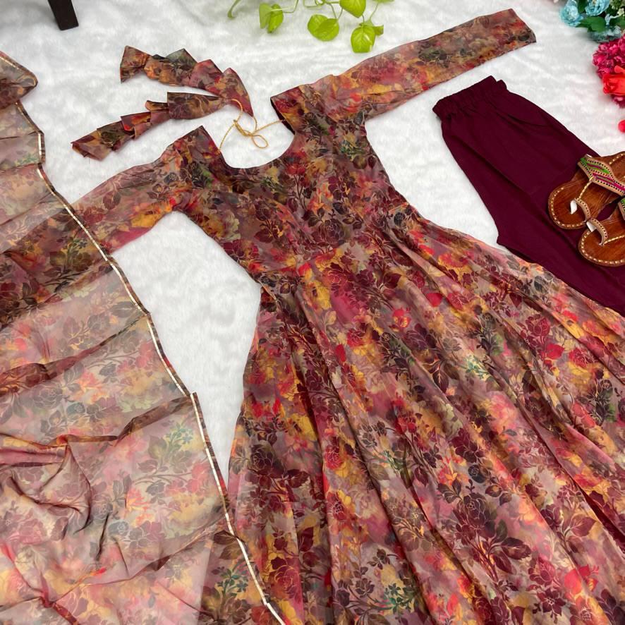 Luminous Brown Floral Digital Printed Organza Silk Anarkali Pant Suit