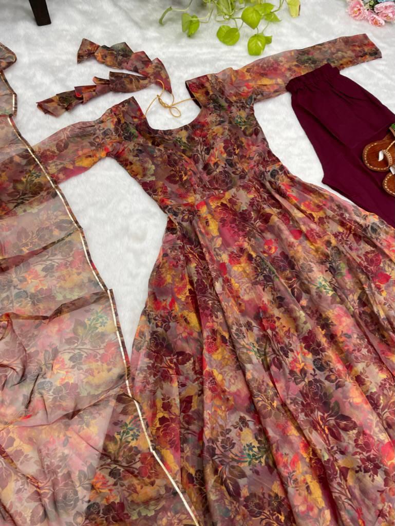 Luminous Brown Floral Digital Printed Organza Silk Anarkali Pant Suit