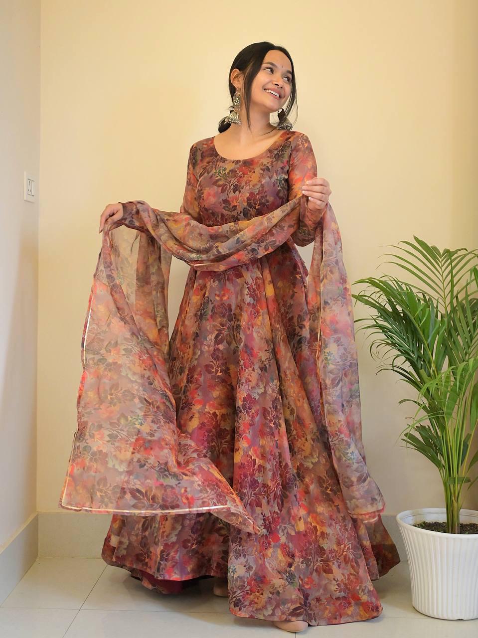 Luminous Brown Floral Digital Printed Organza Silk Anarkali Pant Suit
