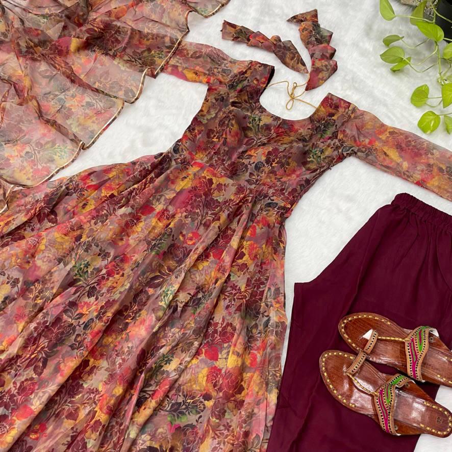 Luminous Brown Floral Digital Printed Organza Silk Anarkali Pant Suit