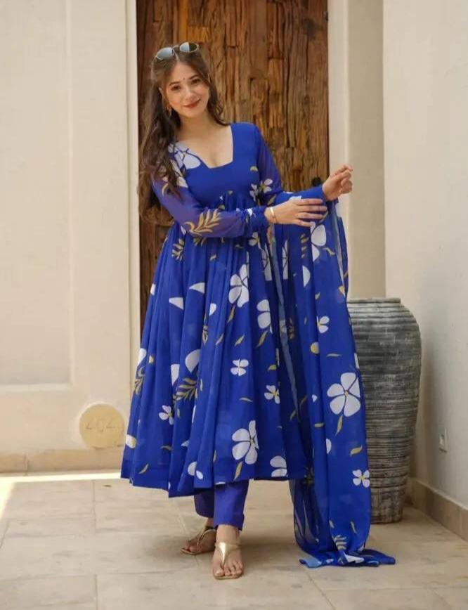Delightful Blue Faux Georgette Floral Printed Anarkali Pant Suit