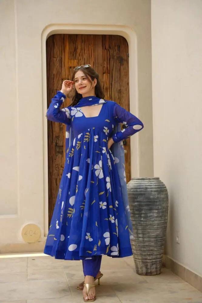 Delightful Blue Faux Georgette Floral Printed Anarkali Pant Suit