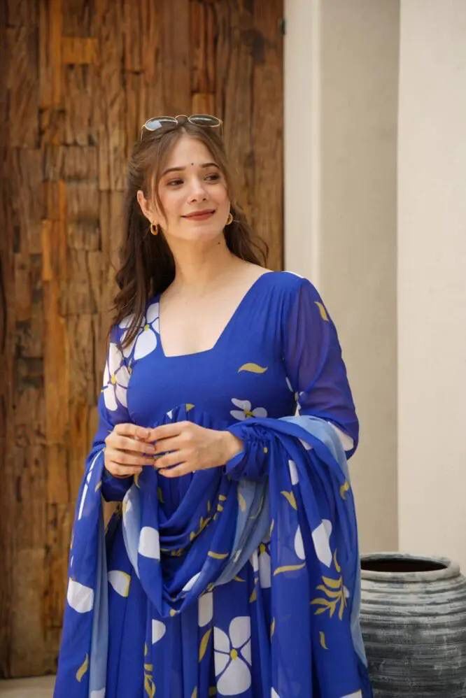 Delightful Blue Faux Georgette Floral Printed Anarkali Pant Suit