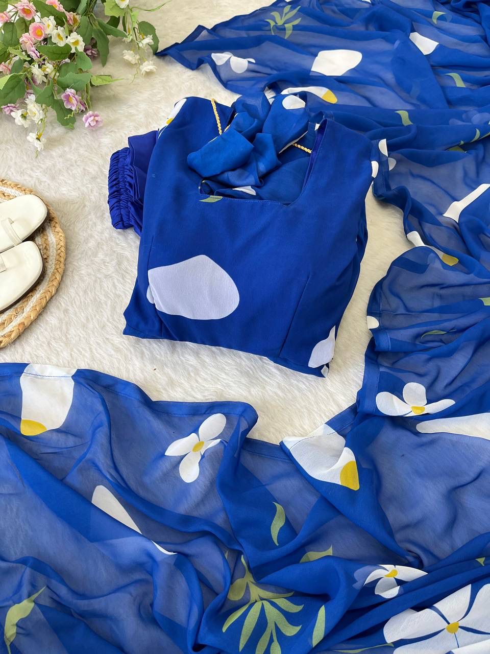 Delightful Blue Faux Georgette Floral Printed Anarkali Pant Suit